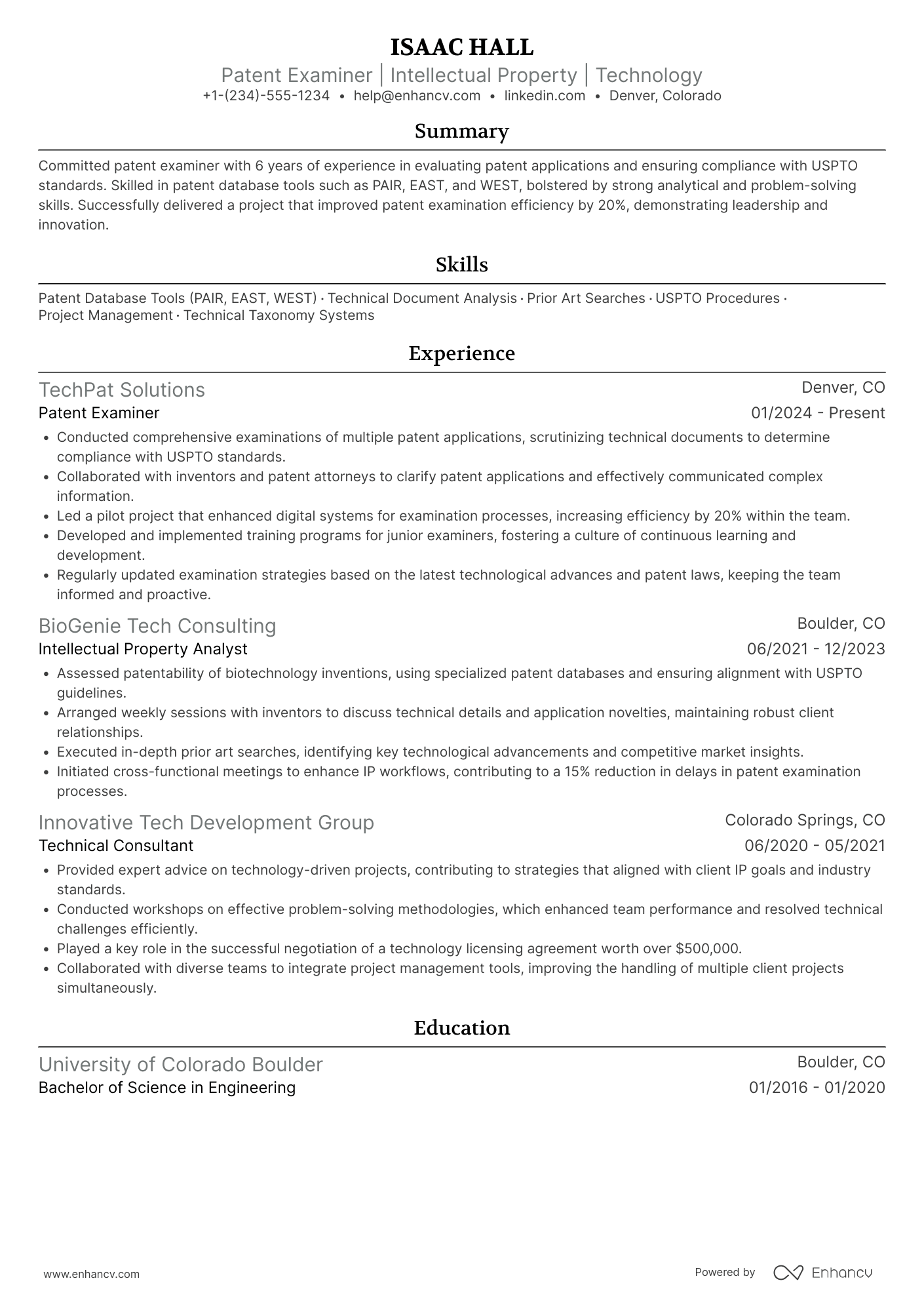 A resume example of a US Patent Examiner