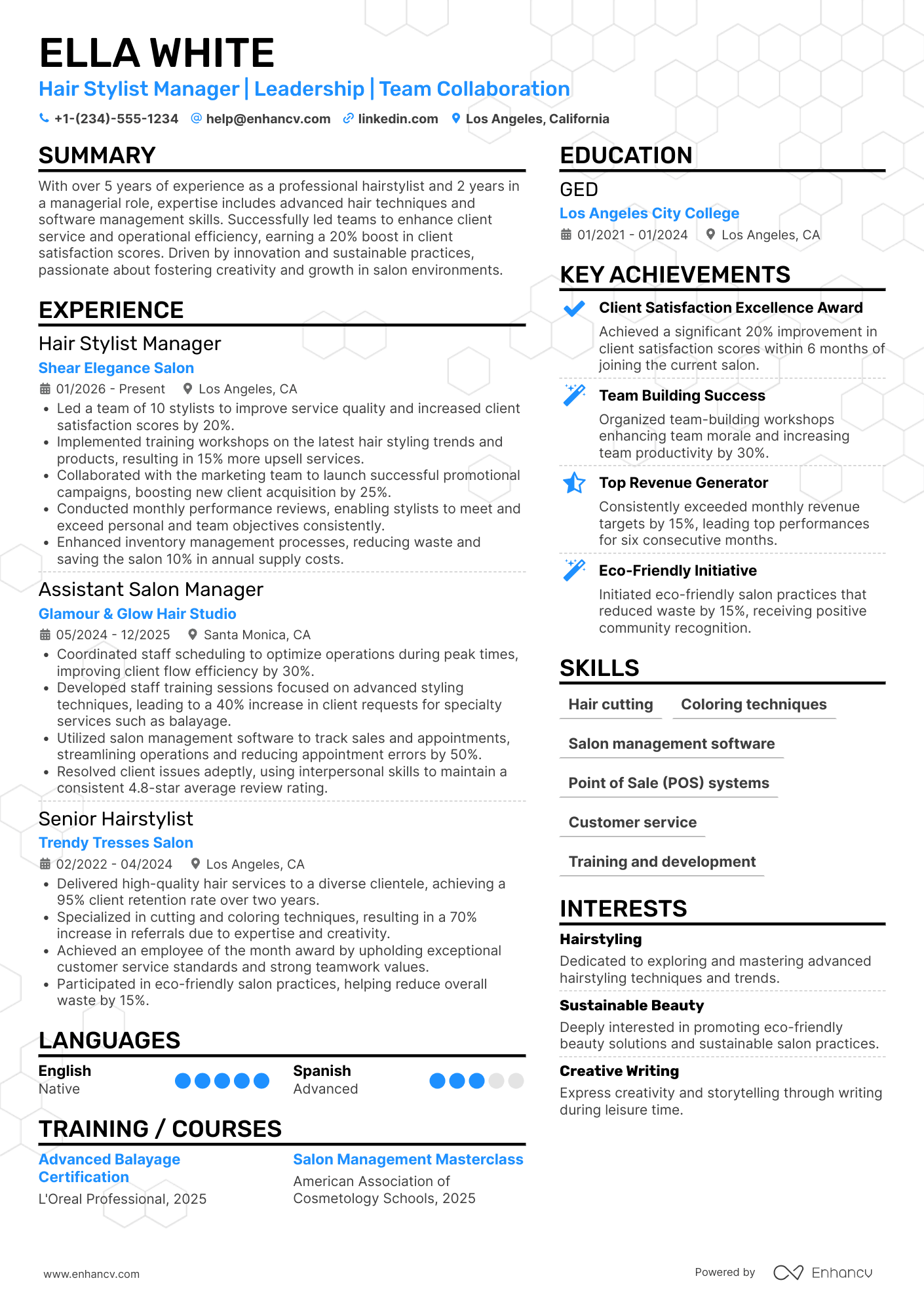 A resume example of a Hair Stylist Manager