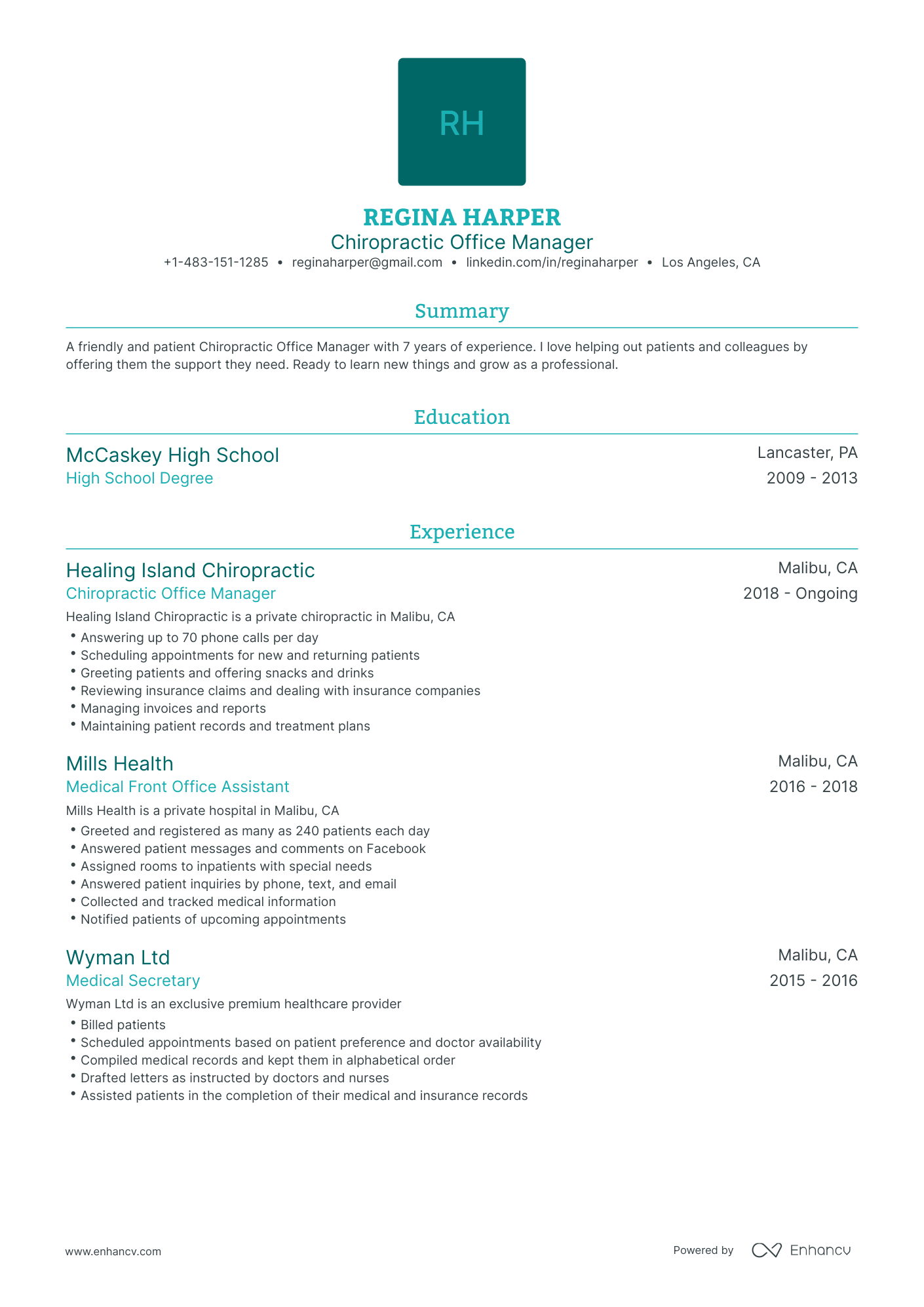 Traditional Chiropractic Office Manager Resume Template