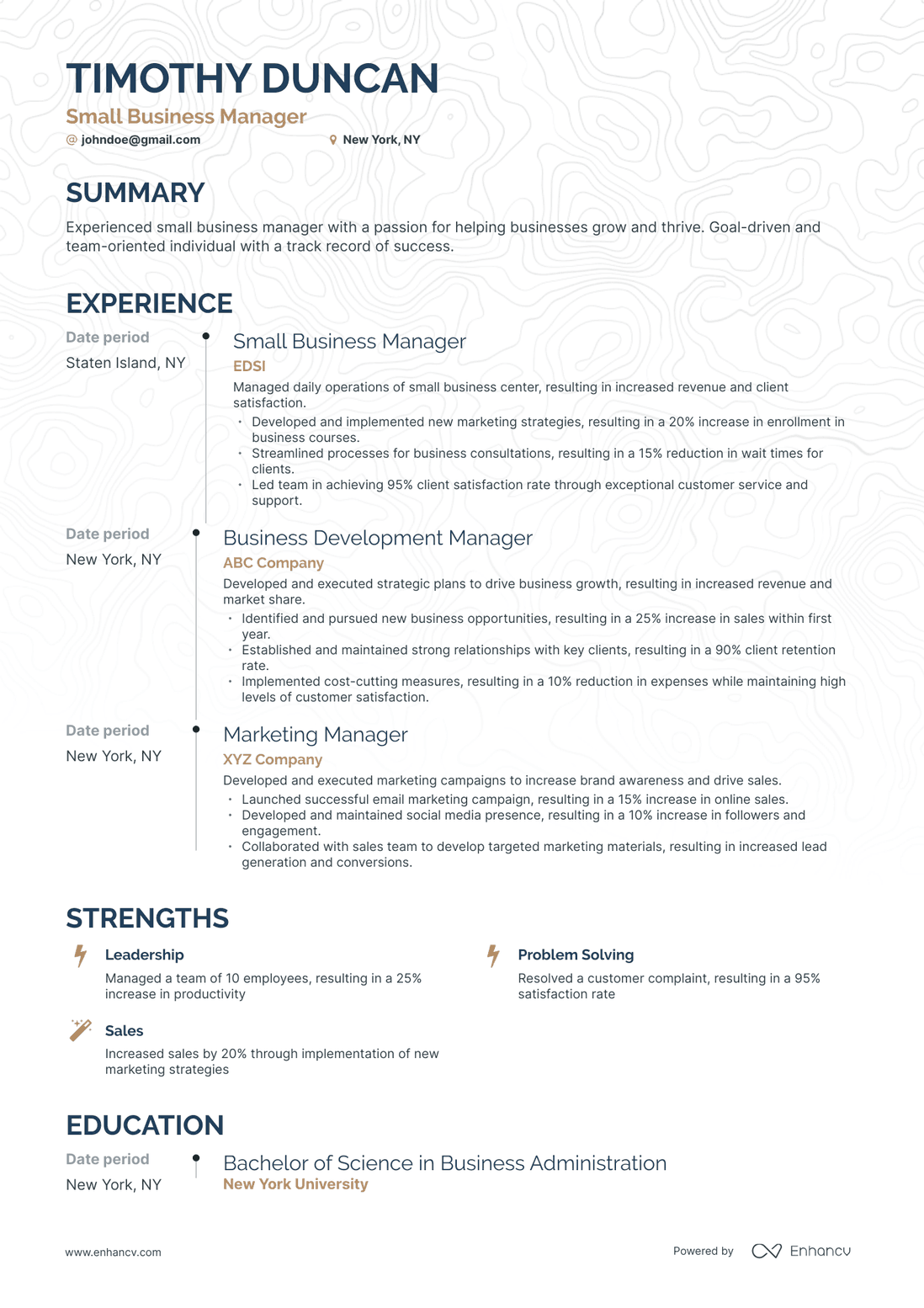 Timeline Small Business Manager Resume Template