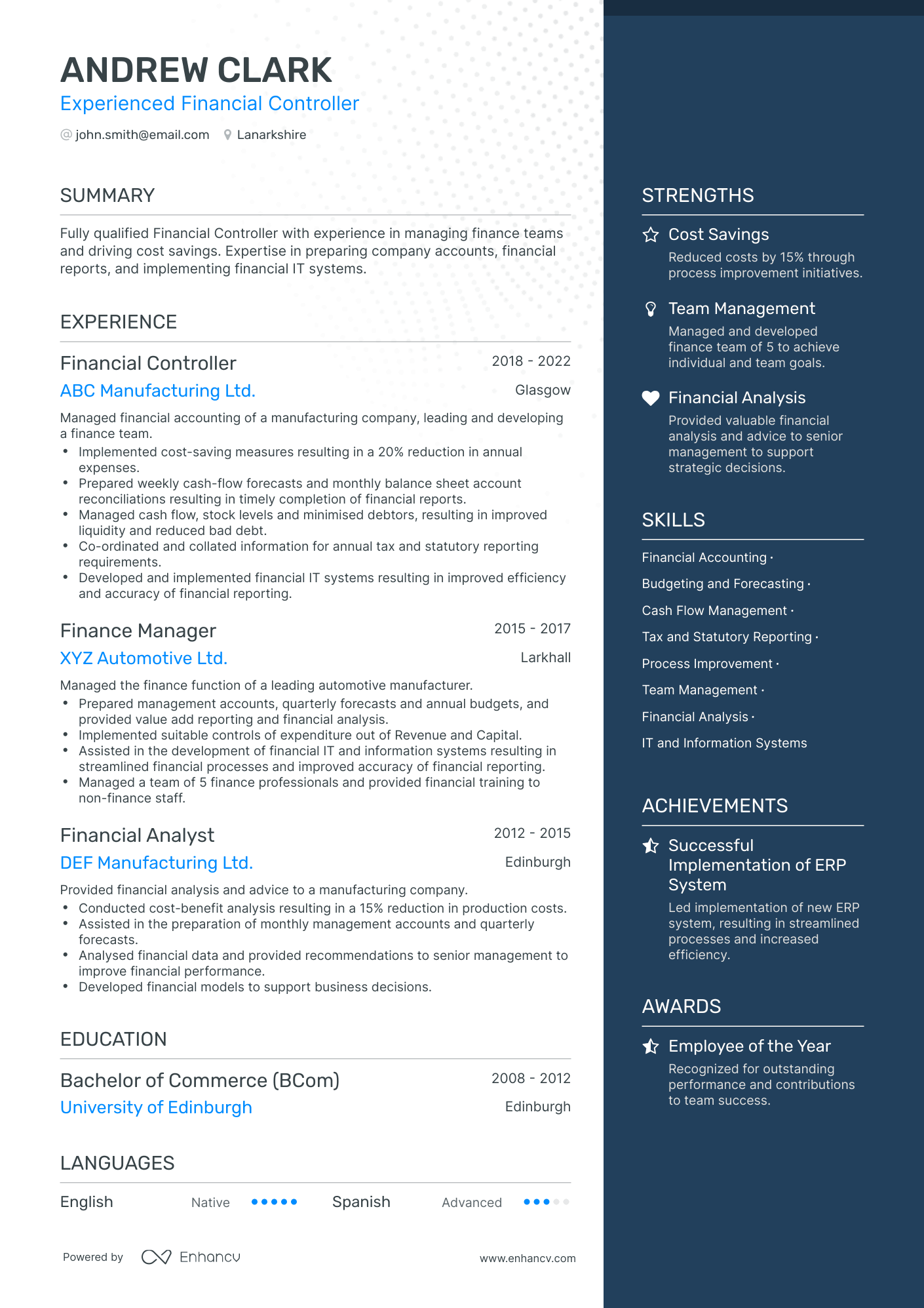 One Page Financial Controller Resume Template