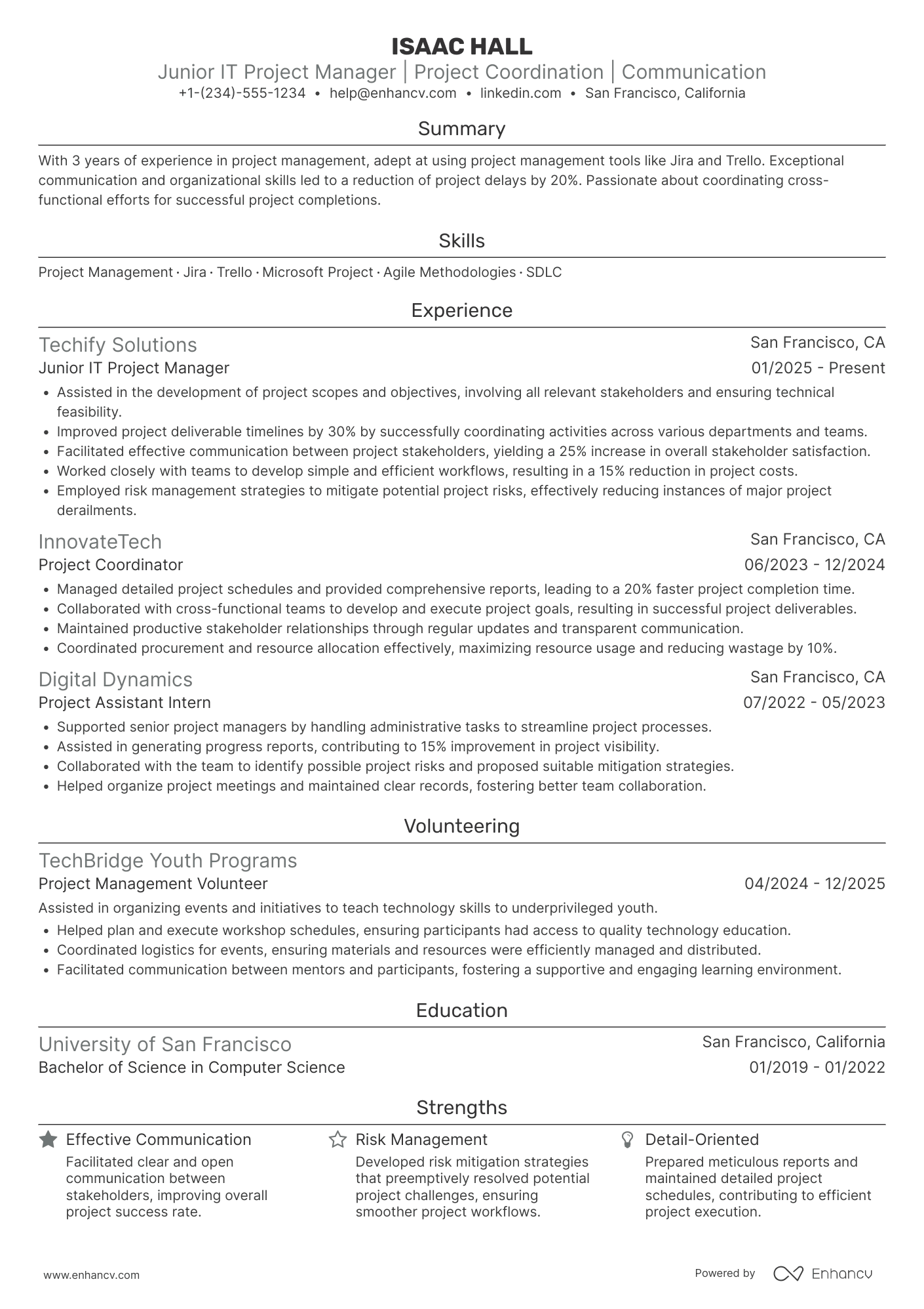 A resume example of a Junior IT Project Manager