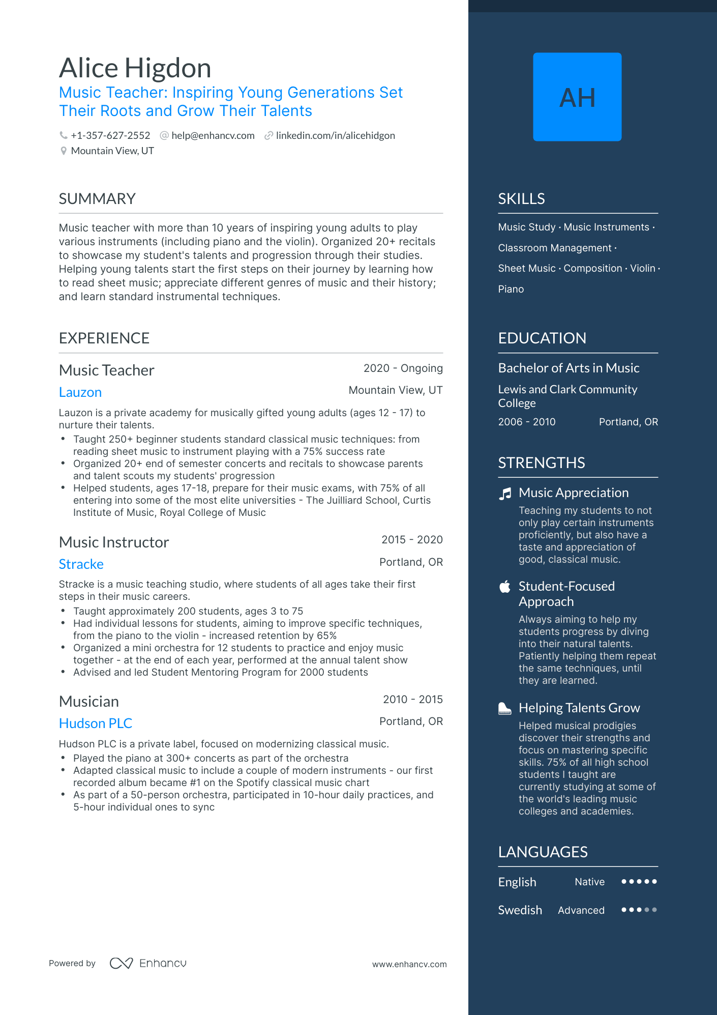 One Page Music Teacher Resume Template