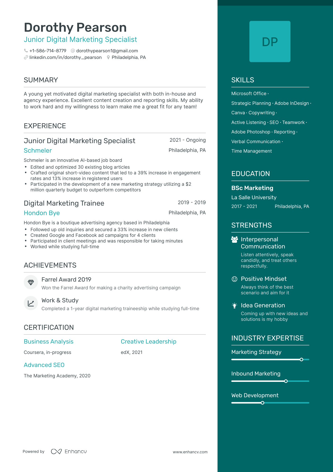 One Page Entry Level Digital Marketing Resume Template