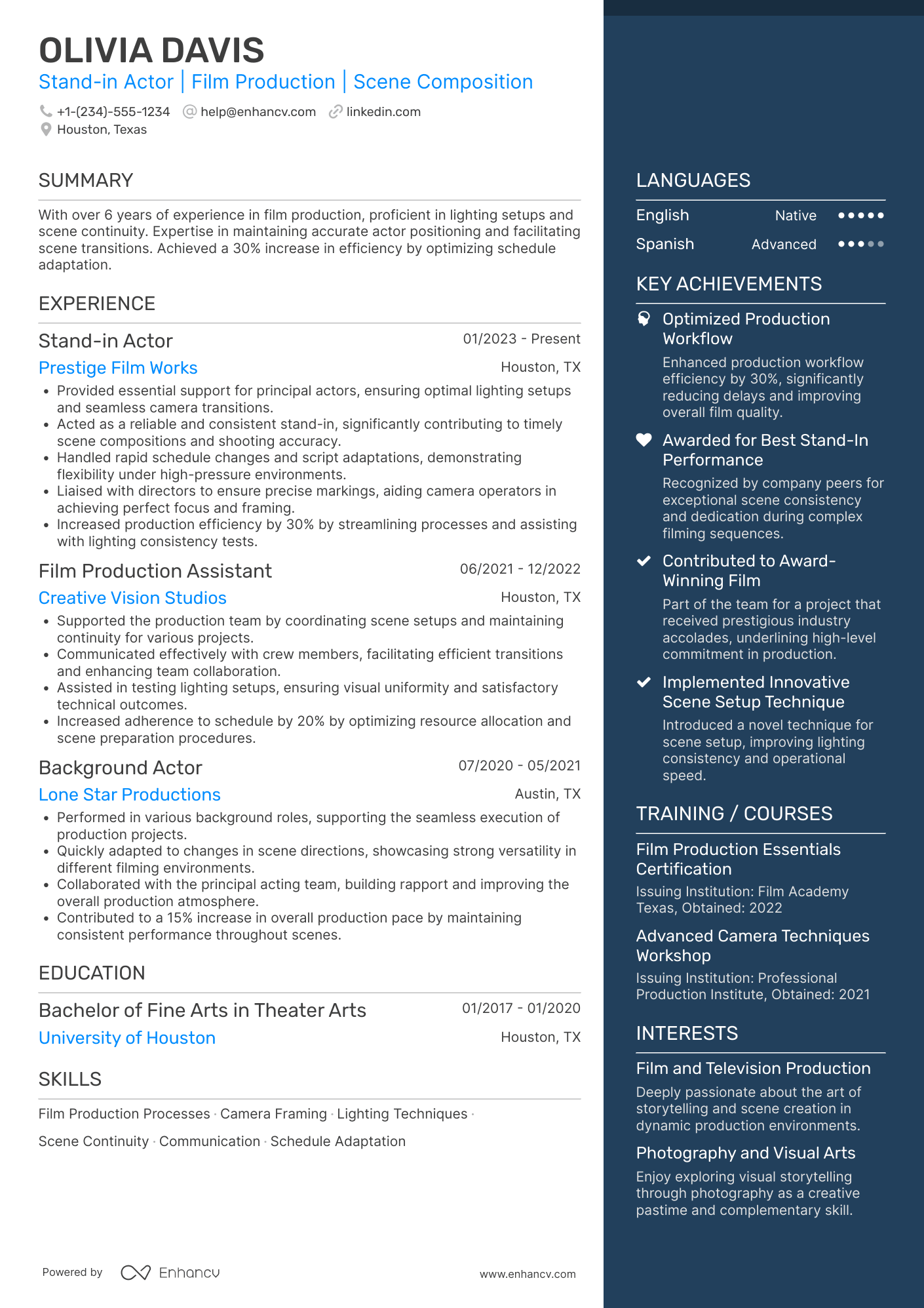 A resume example of a Stand in Actor