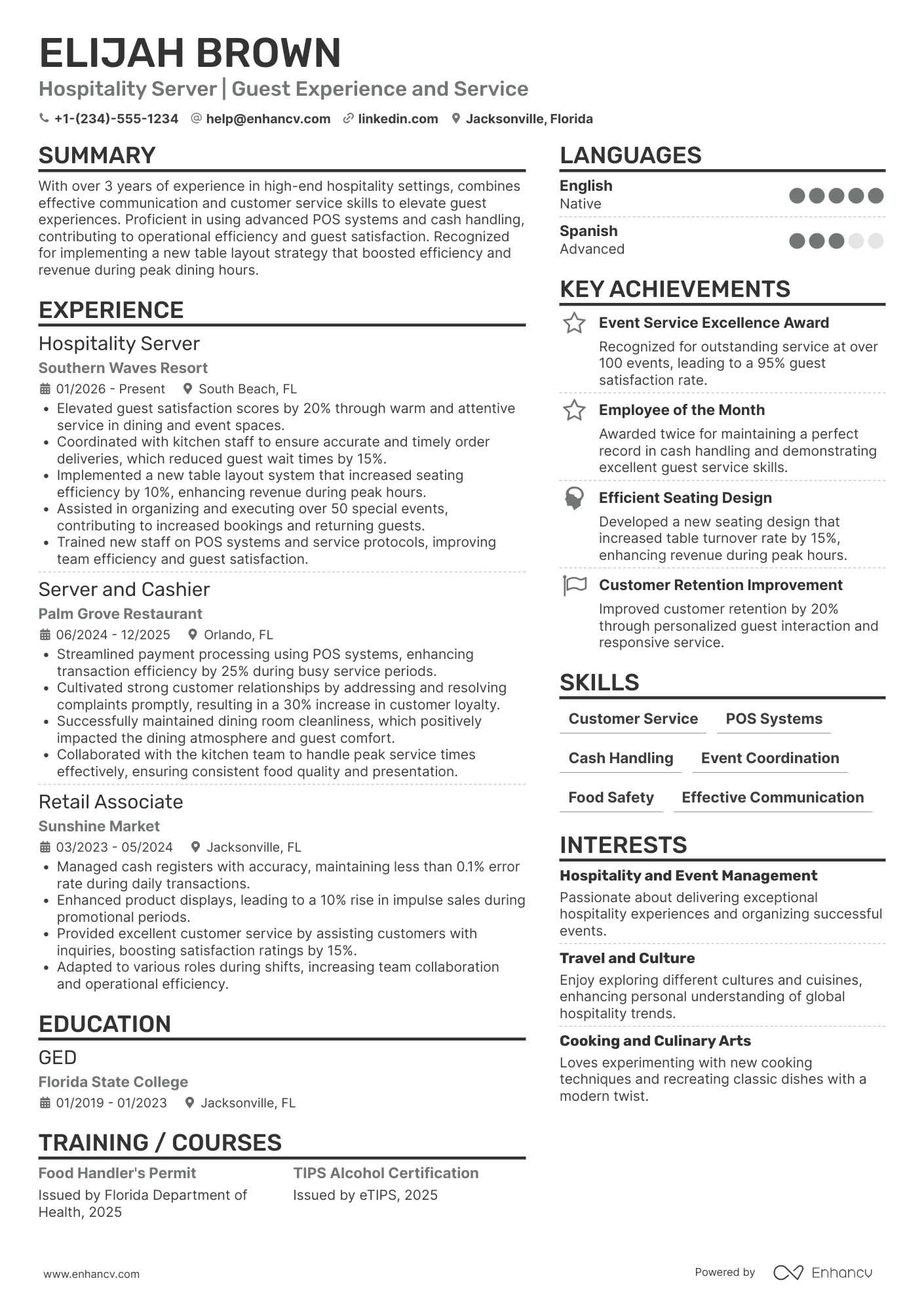 A resume example of a Hospitality Server