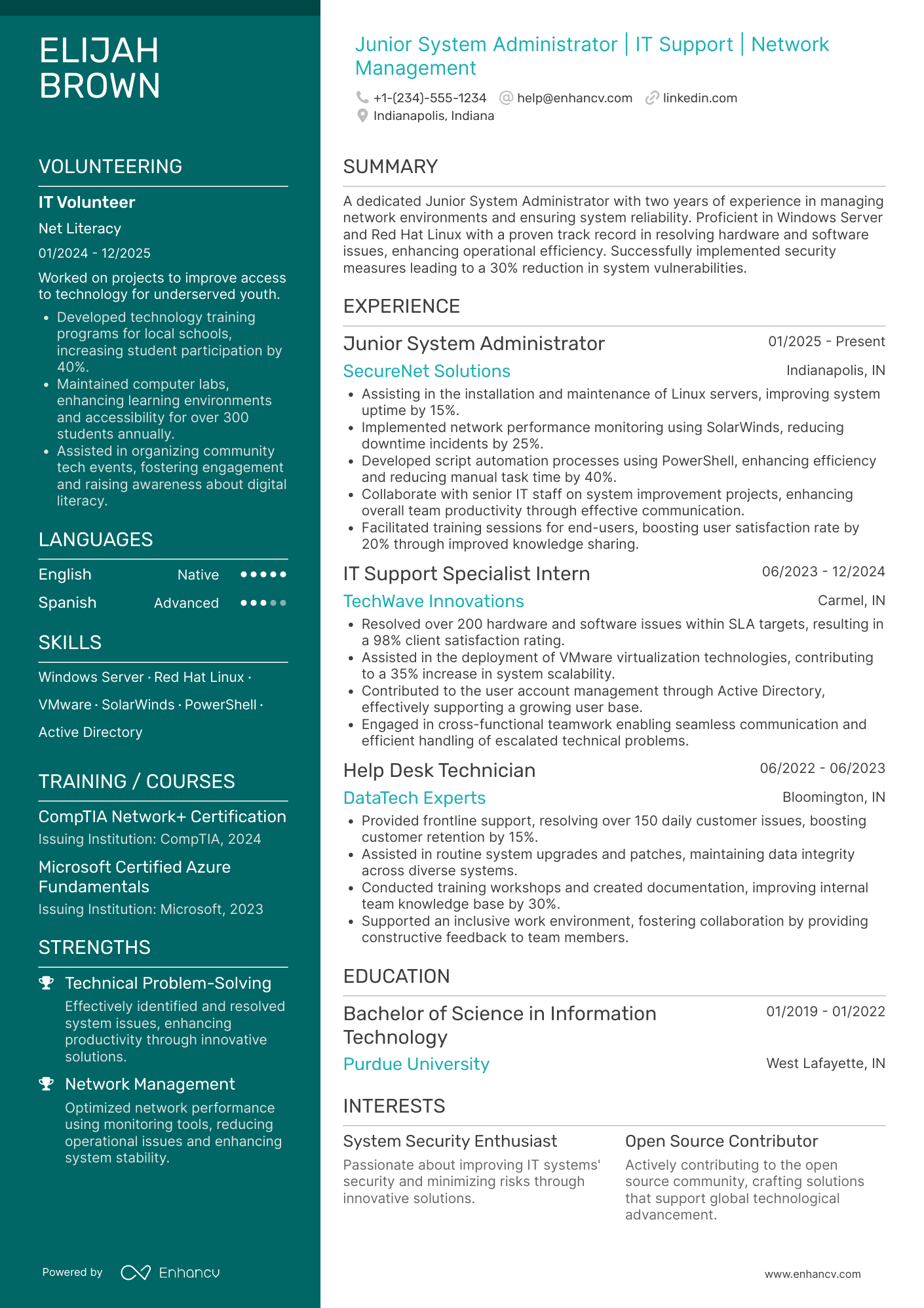 A resume example of a Junior System Administrator
