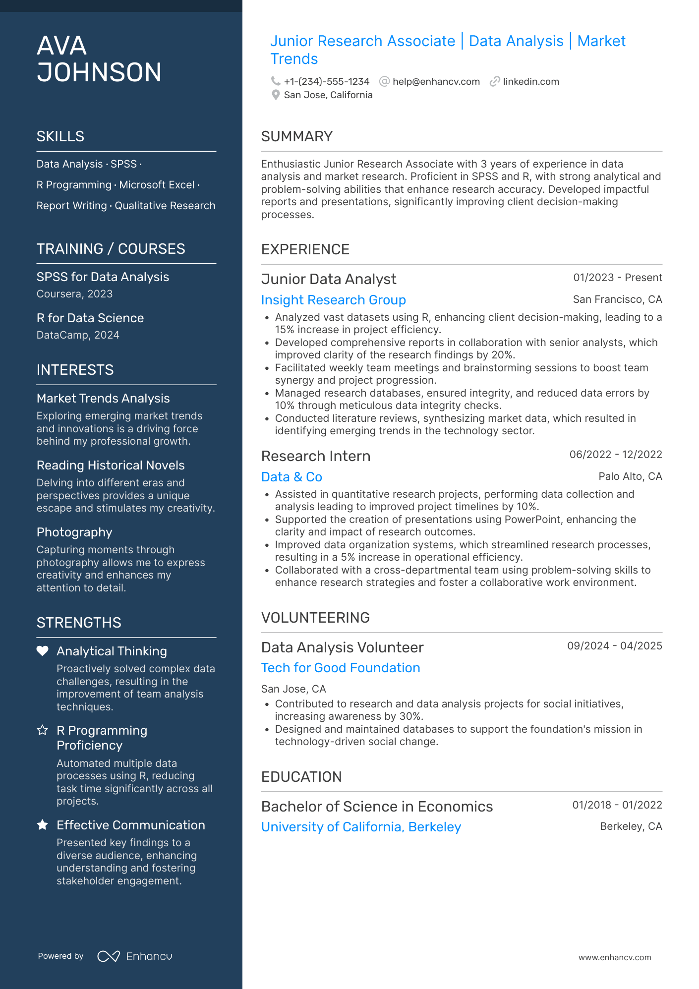 A resume example of a Junior Research Associate