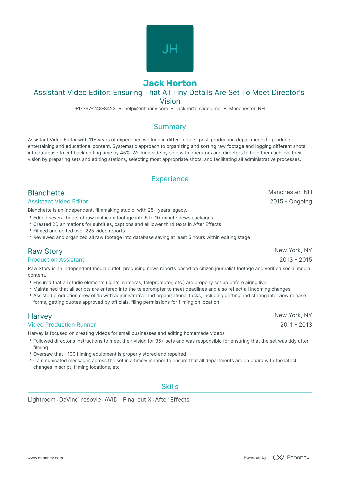 Traditional Assistant Video Editor Resume Template