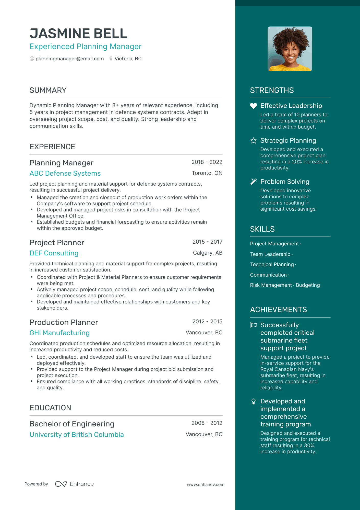 One Page Planning Manager Resume Template