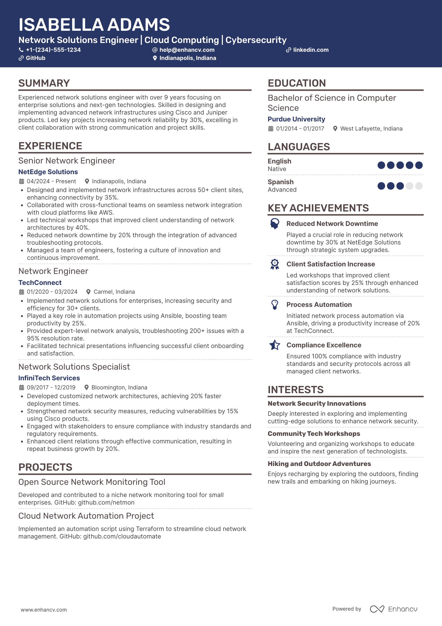 A resume example of a Network Solutions Engineer