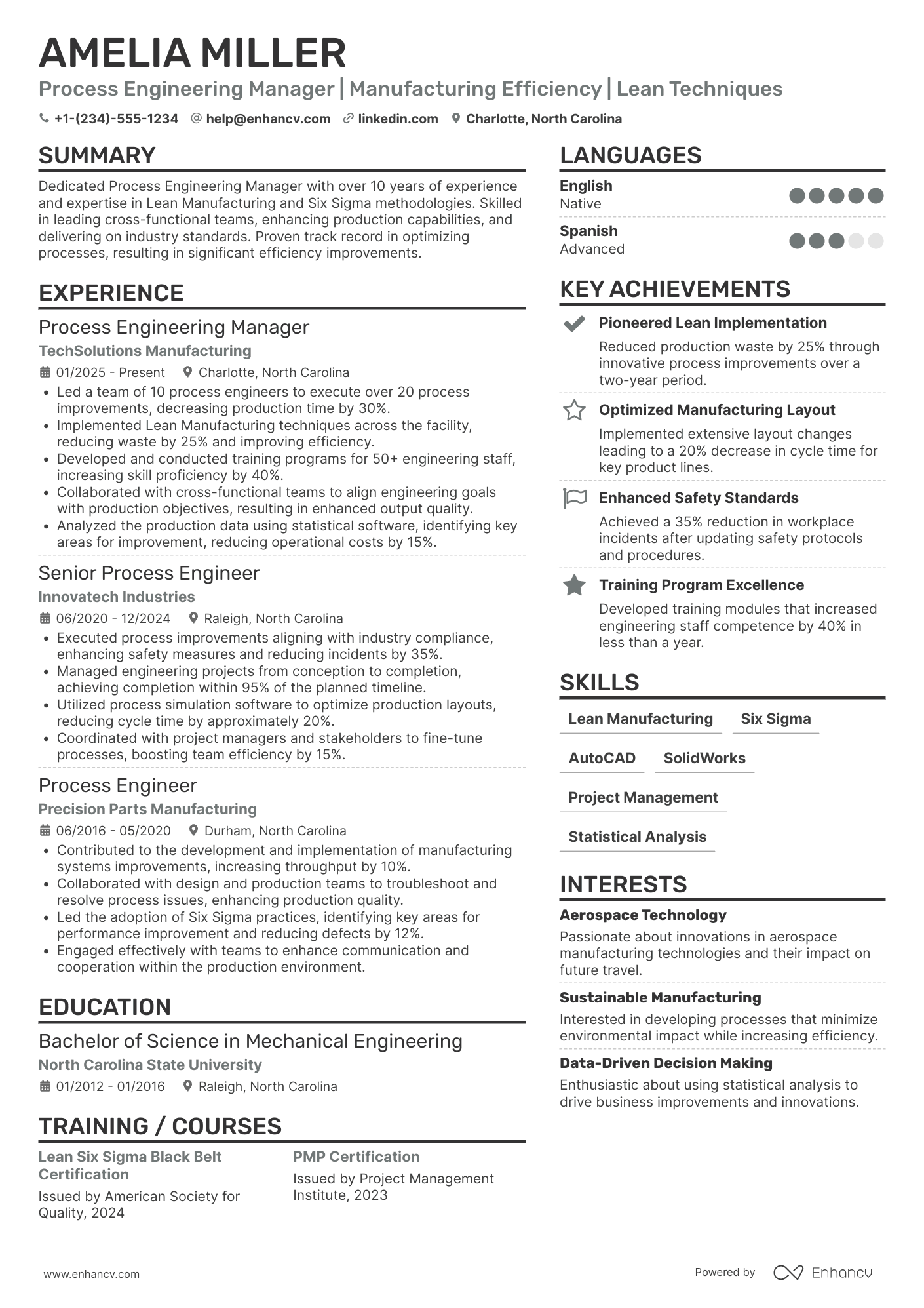 A resume example of a Process Engineering Manager