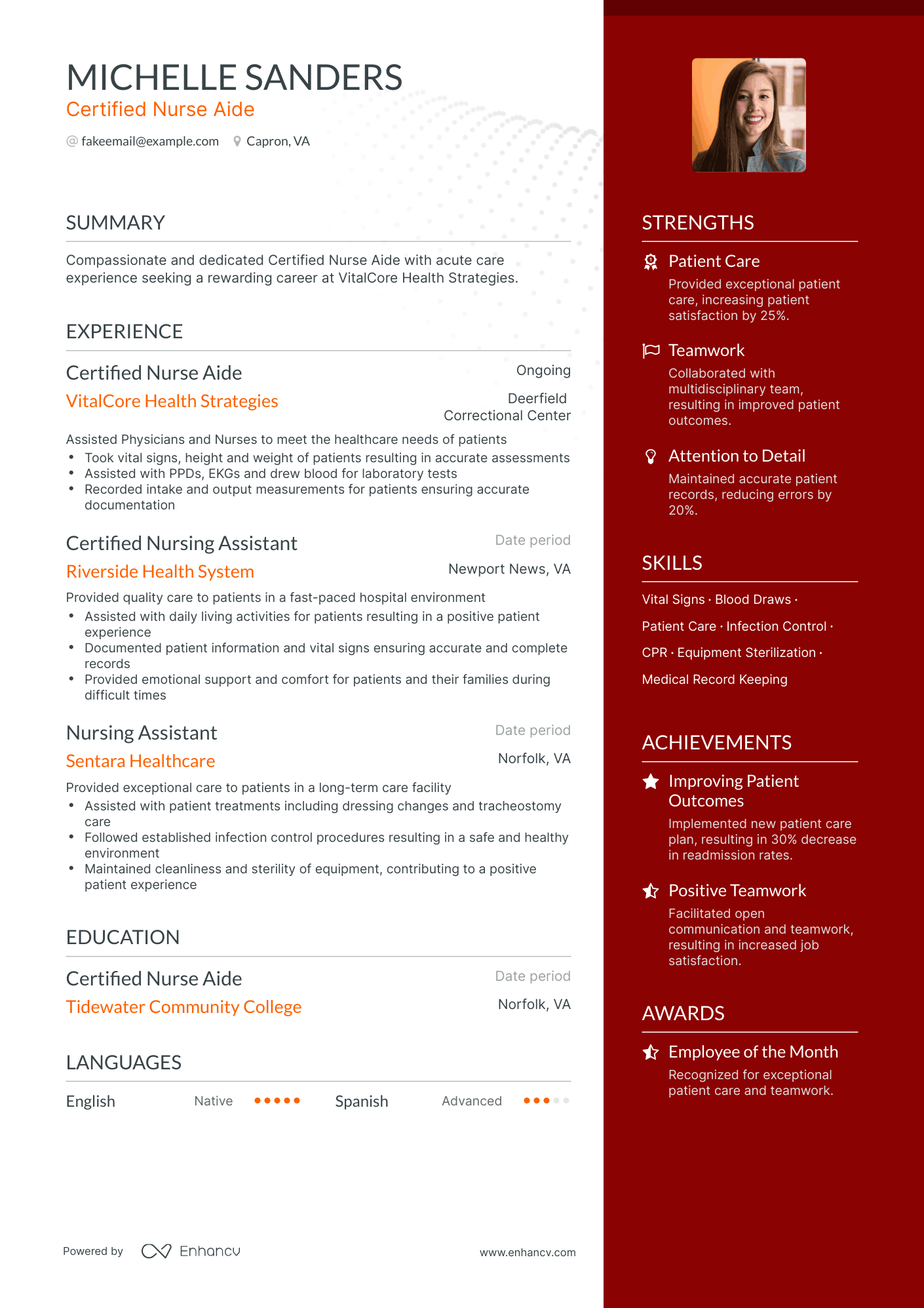 One Page Certified Nurse Aide Resume Template