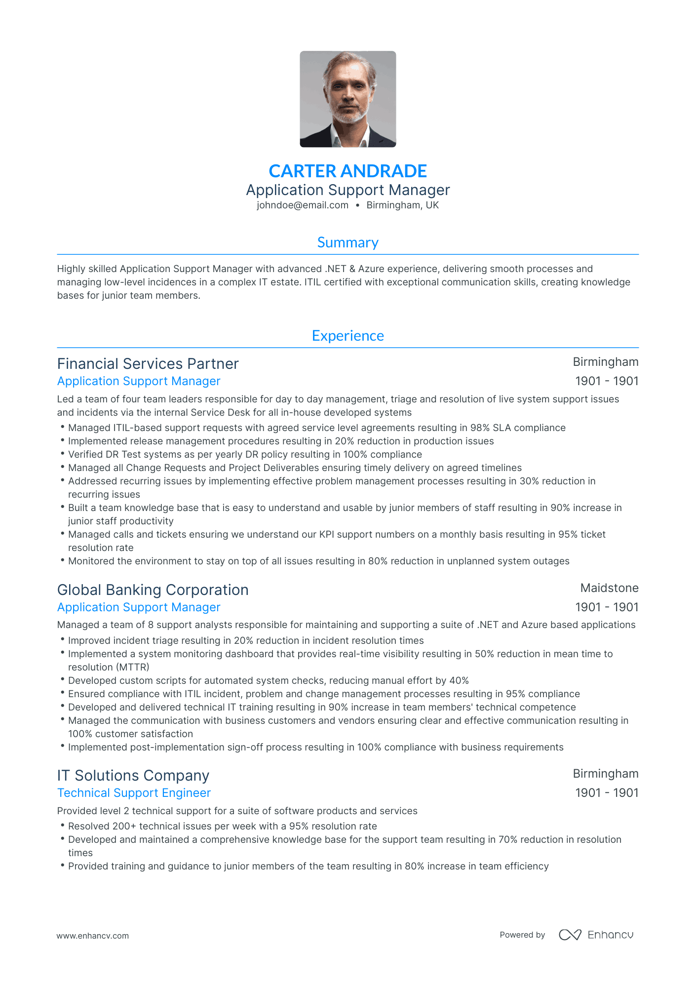 Traditional Application Support Manager Resume Template