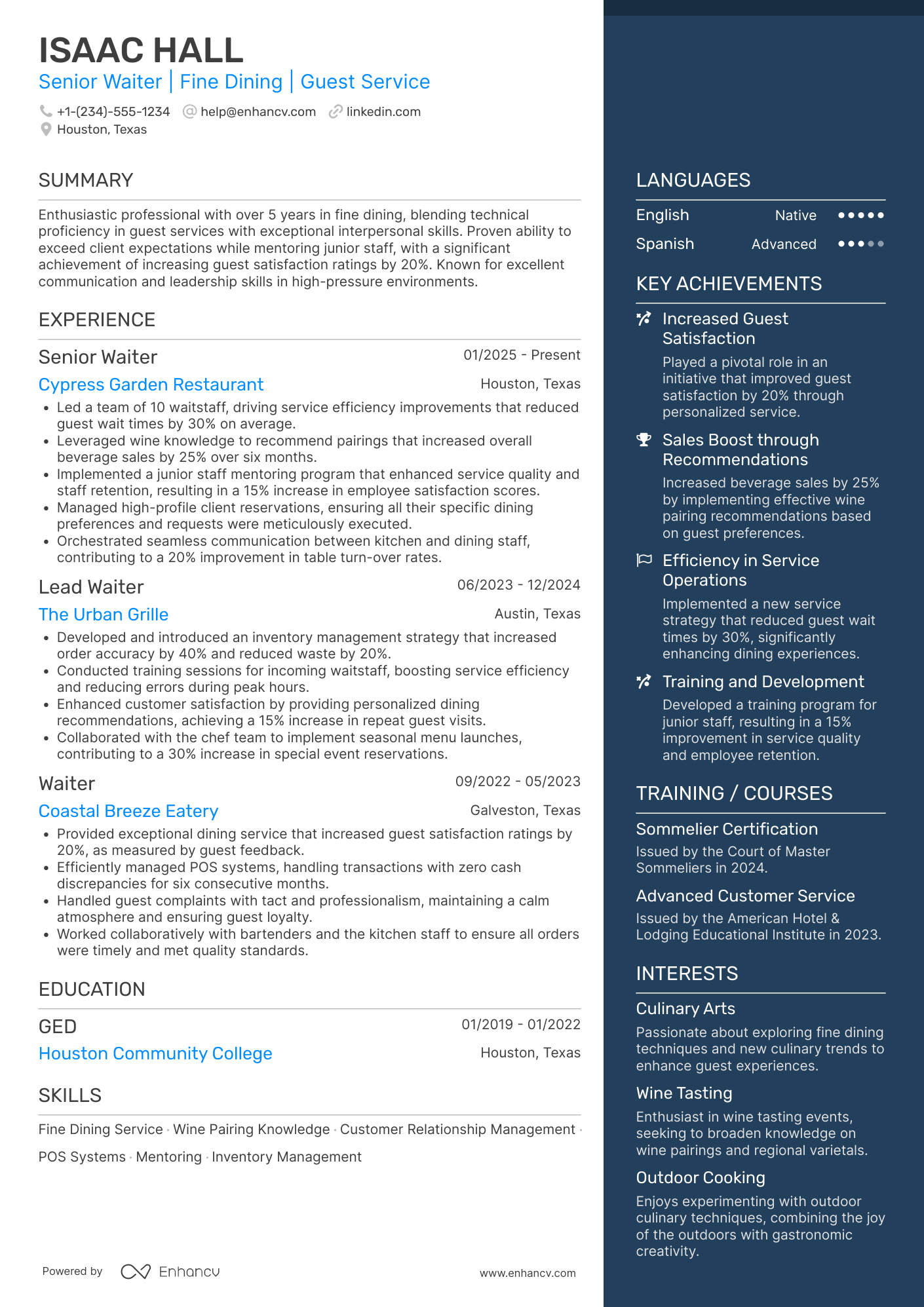 A resume example of a Senior Waiter