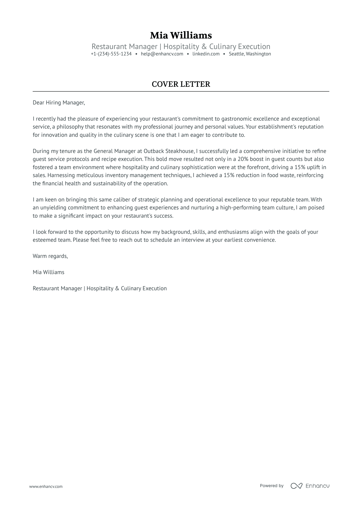 cover letter for a restaurant manager position