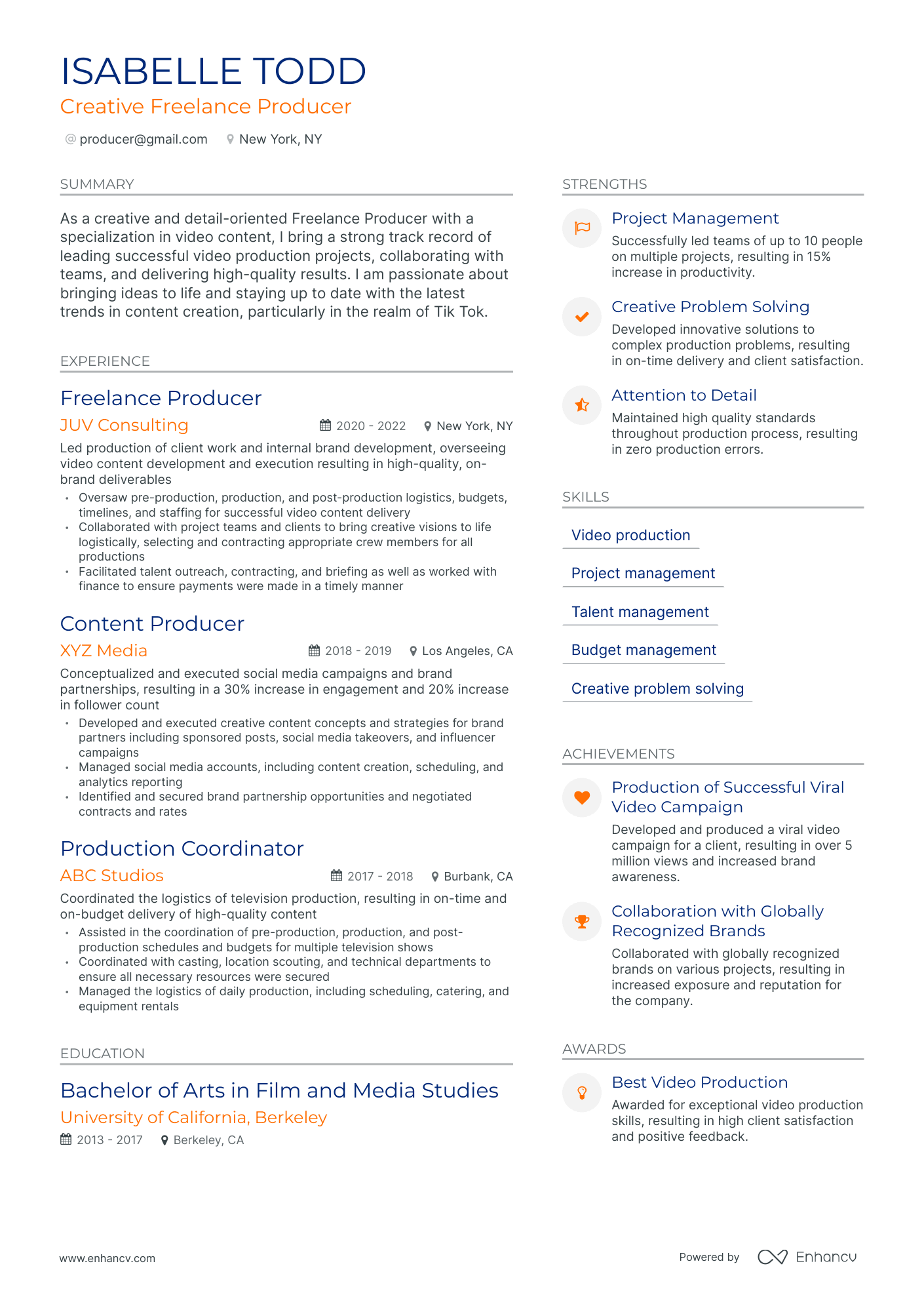 Modern Freelance Producer Resume Template