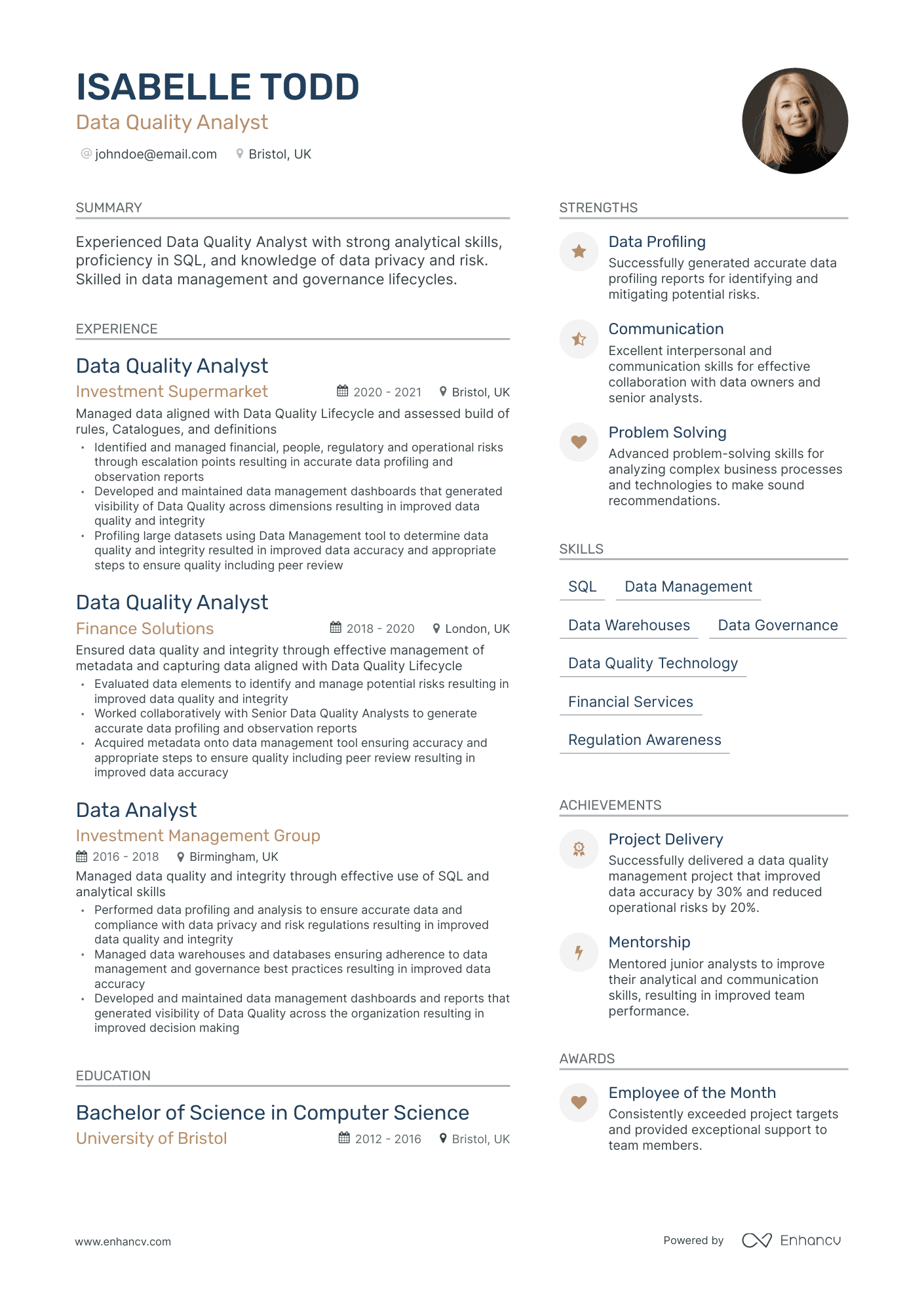 Modern Data Quality Analyst Resume Template