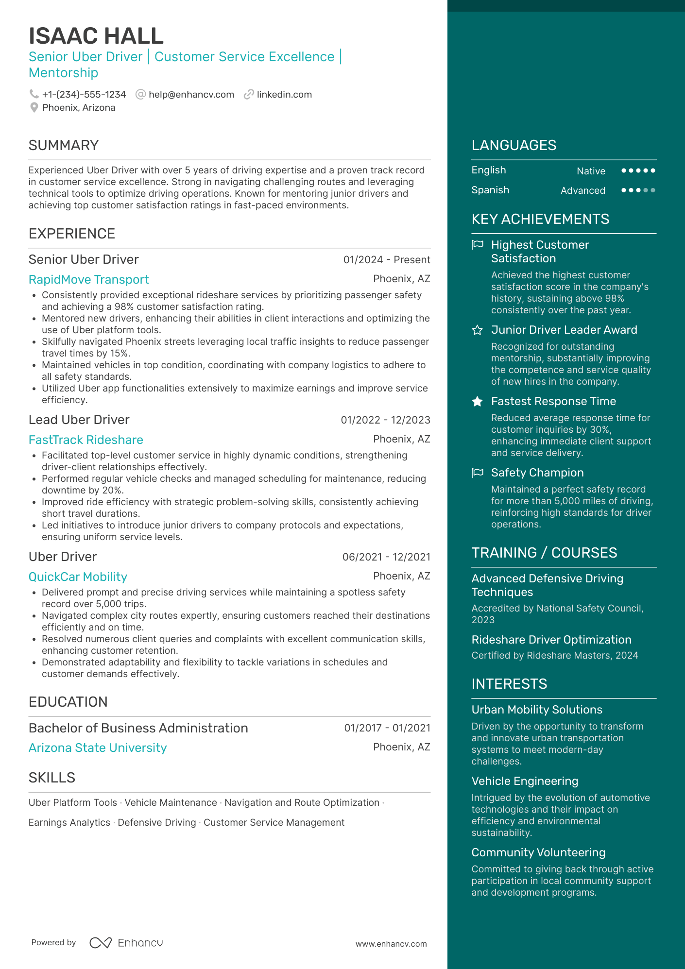 A resume example of a Senior Uber Driver