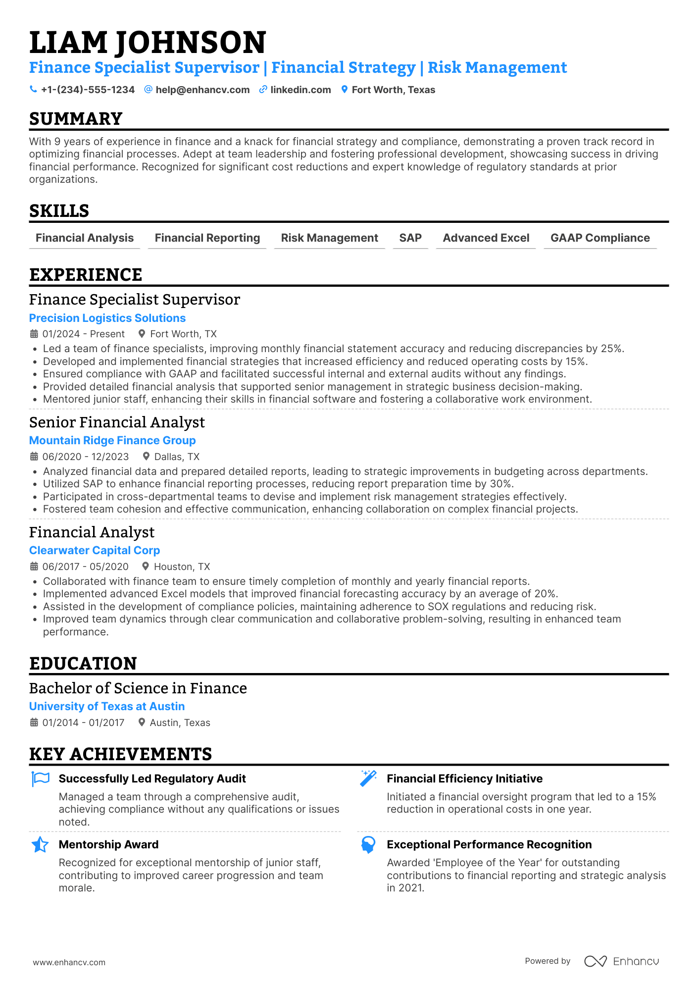 A resume example of a Finance Specialist Supervisor