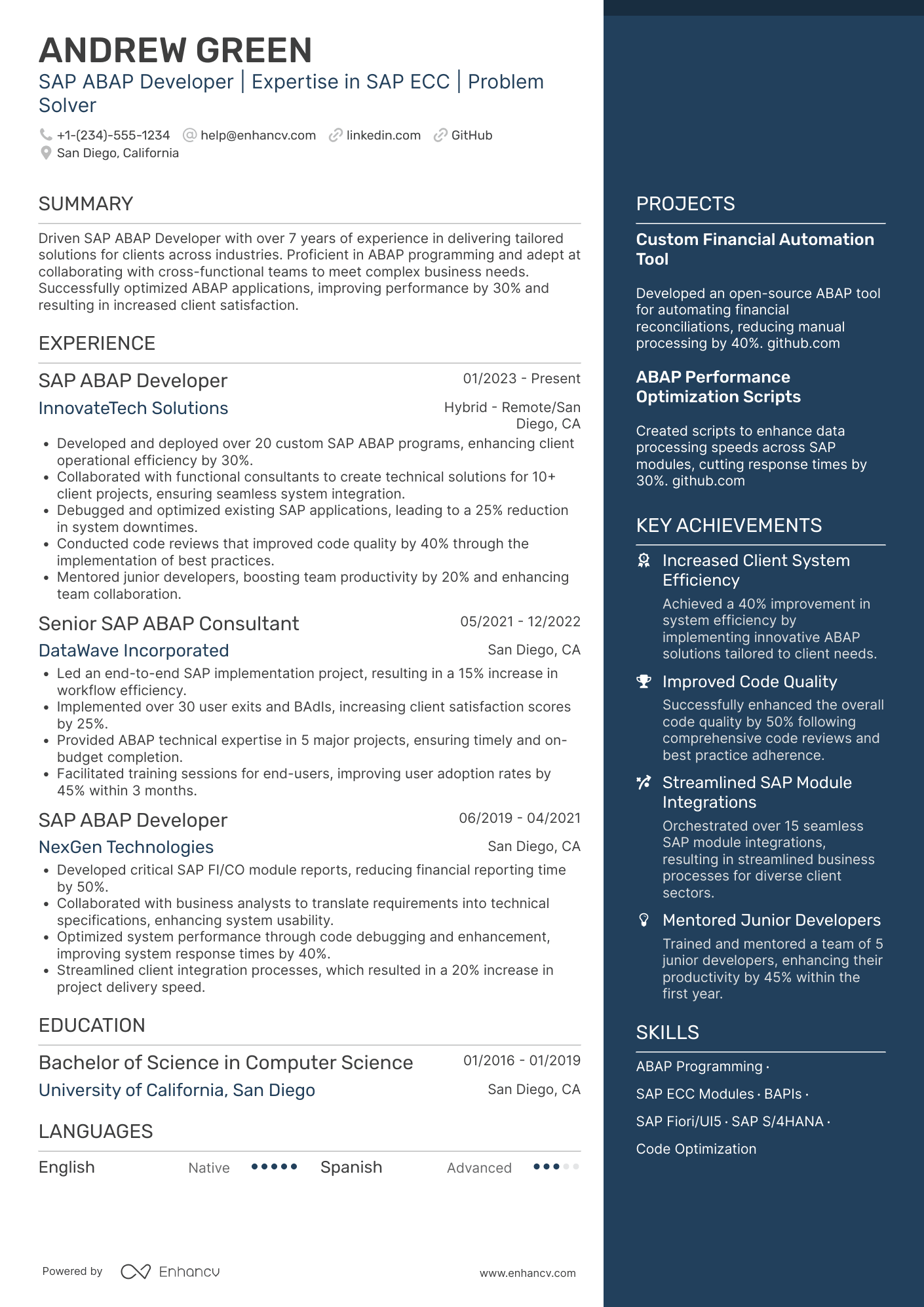 A resume example of a SAP Abap Developer