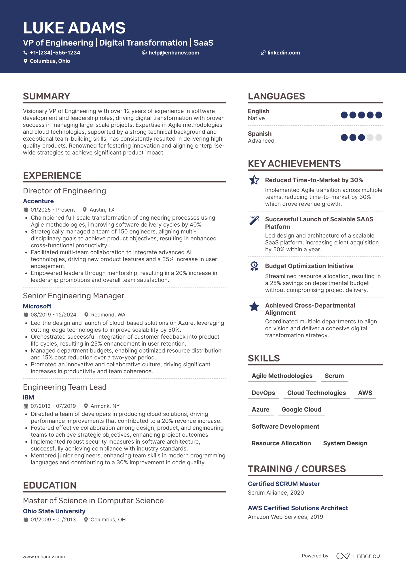 A resume example of a VP of Engineering