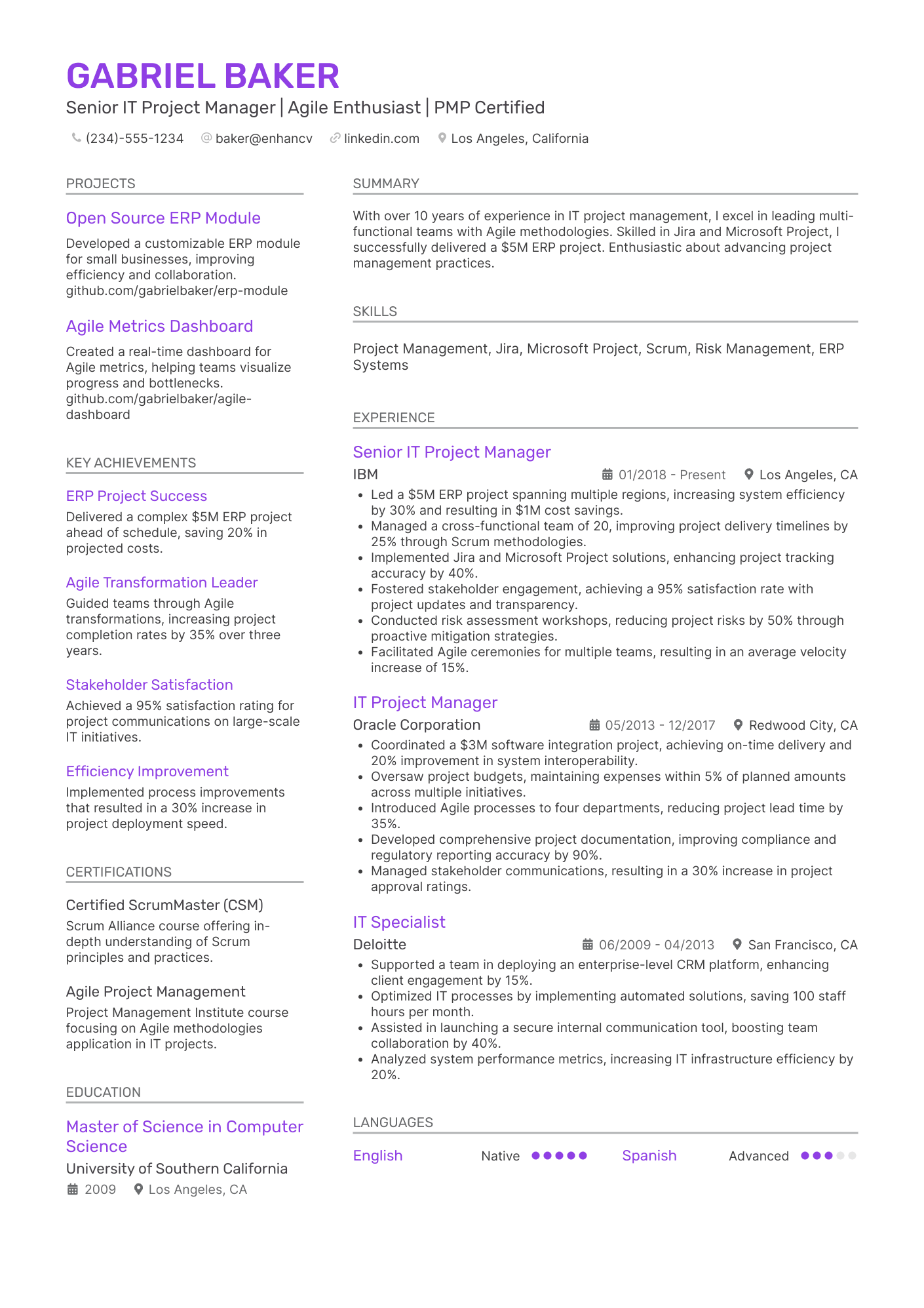 A resume example of a IT Project Manager