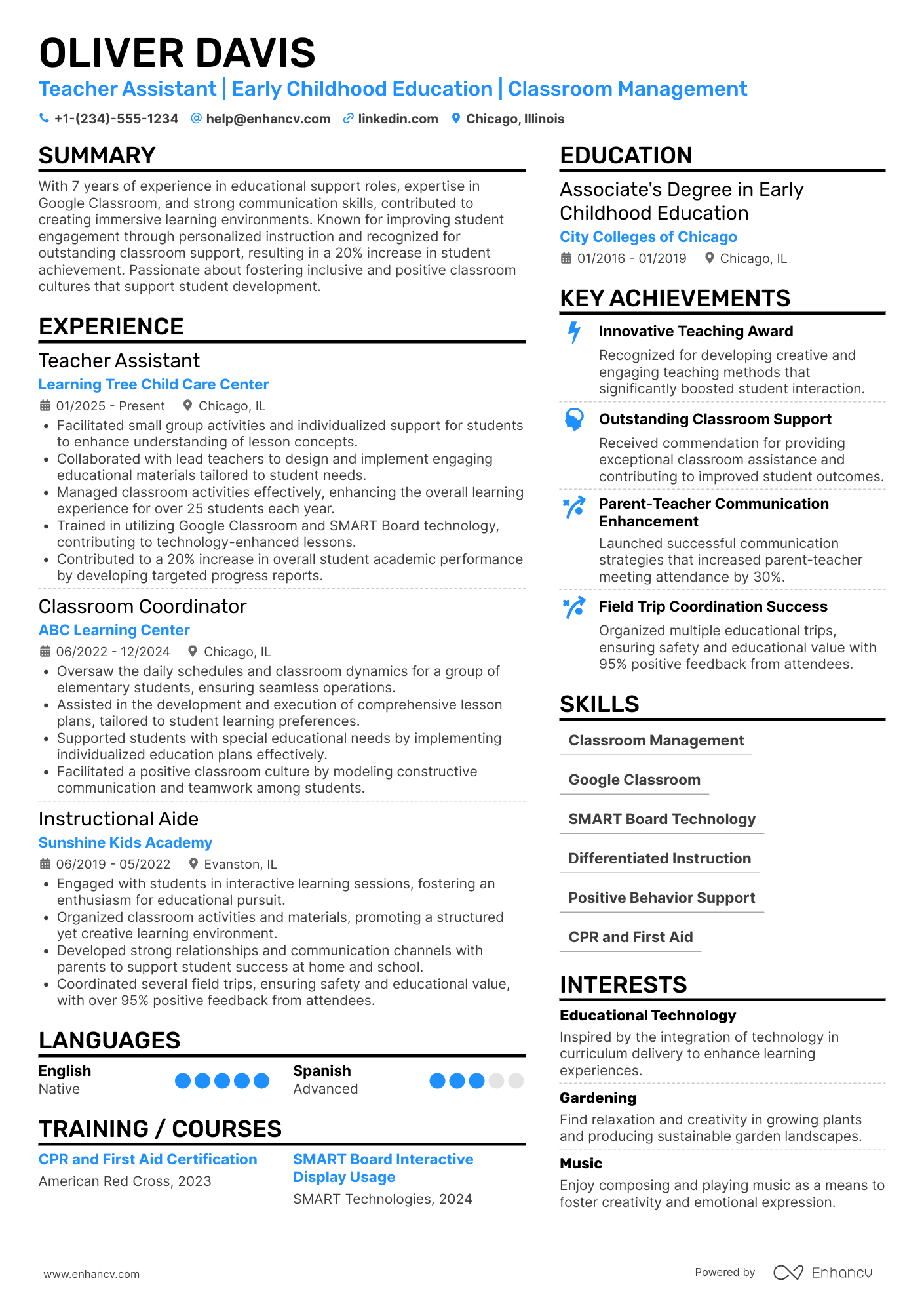 A resume example of a Elementary Teacher Assistant