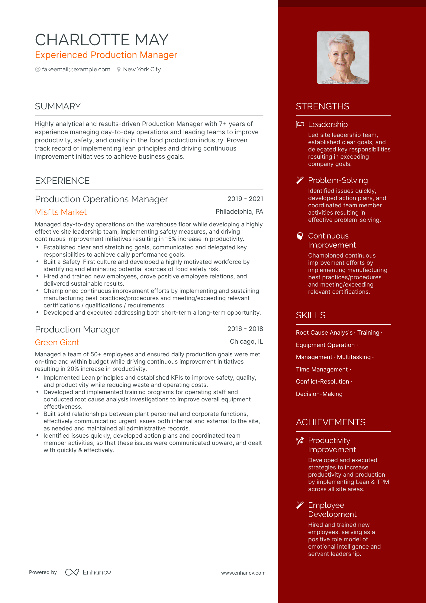 One Page Production Manager Resume Template