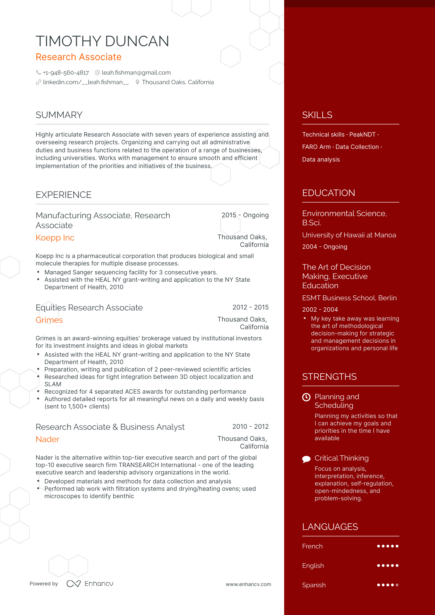 One Page Research Associate Resume Template
