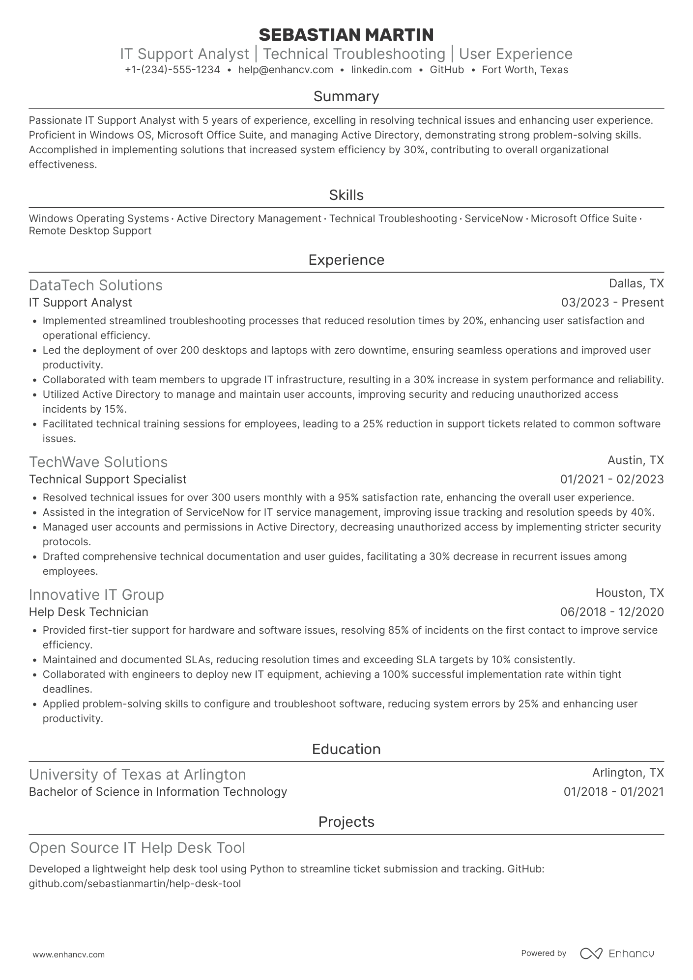 A resume example of a IT Support Analyst