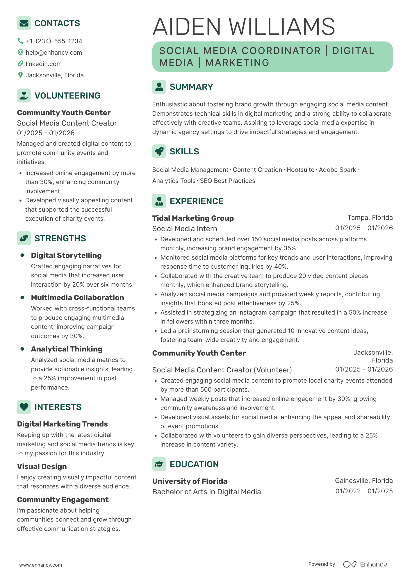 A resume example of a Undergraduate Social Media Coordinator