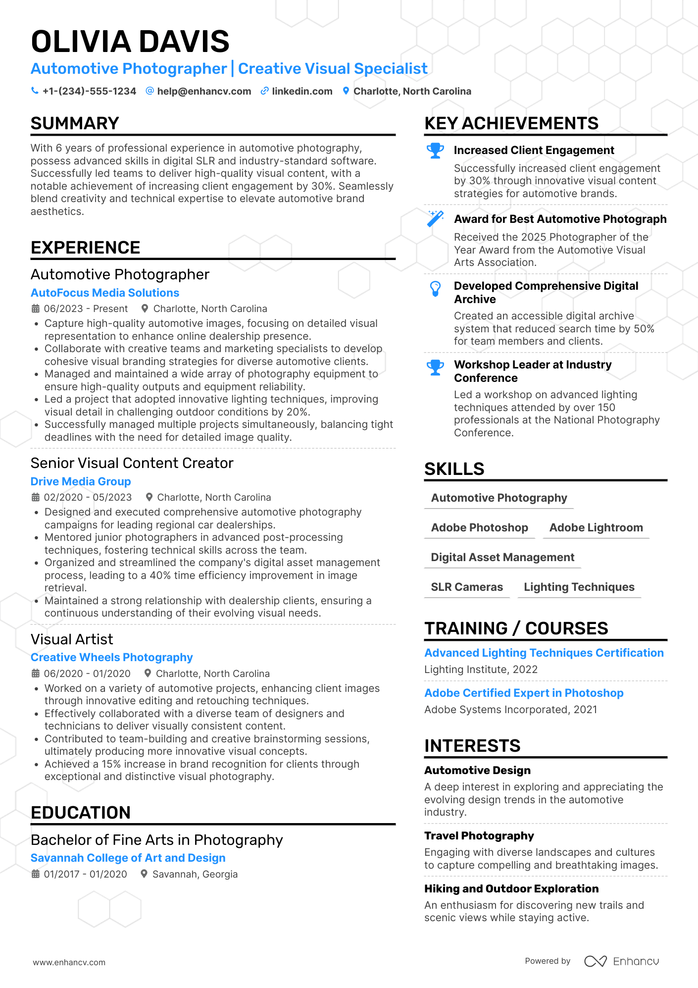 A resume example of a Automotive Photographer