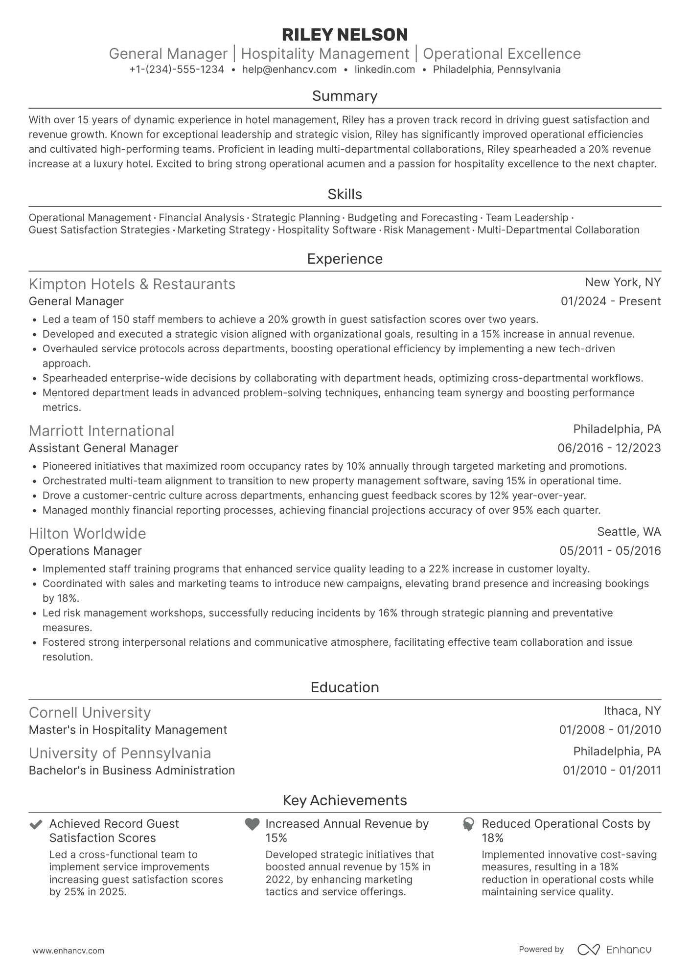 A resume example of a Hotel General Manager