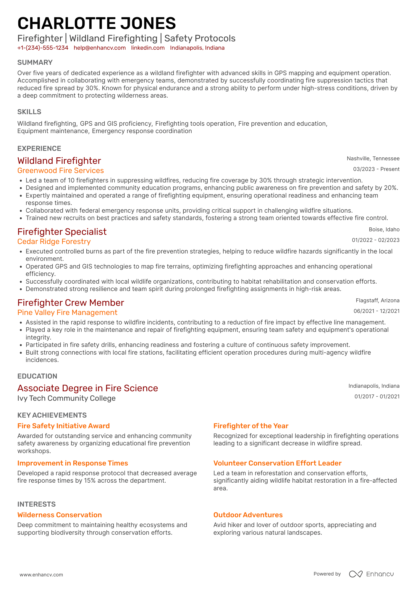 A resume example of a US Forest Service Firefighter