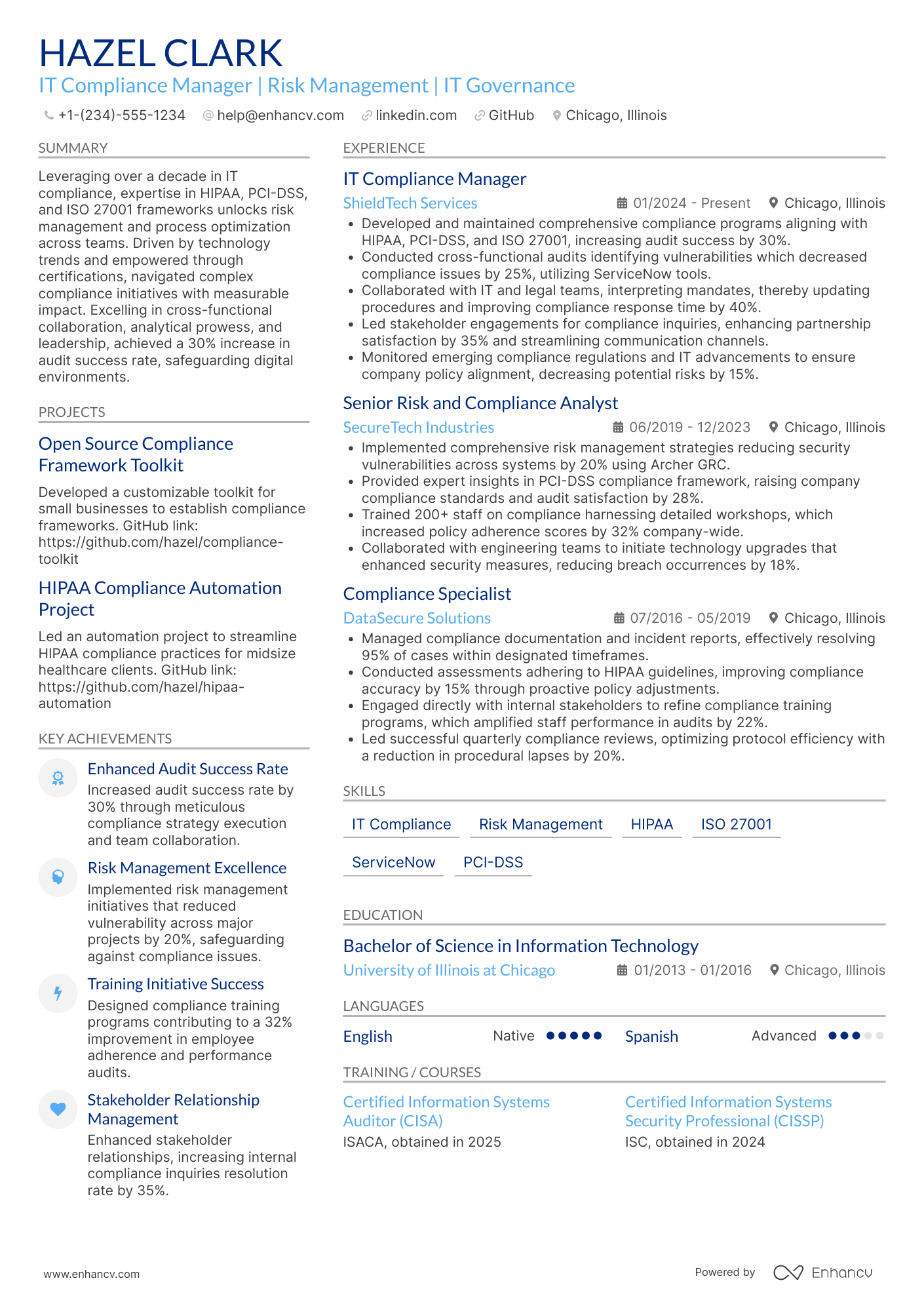 A resume example of a IT Compliance Manager