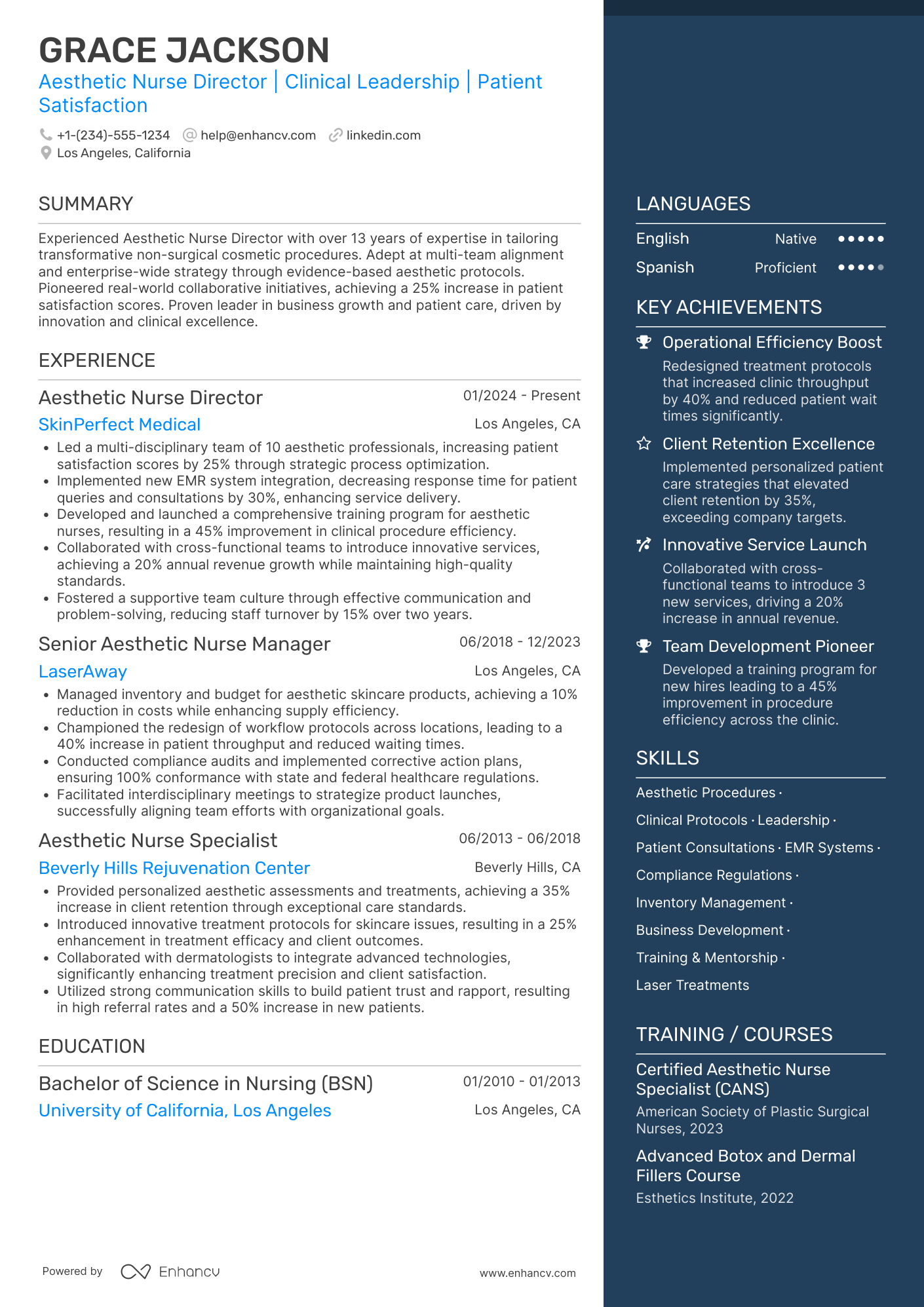 A resume example of a Aesthetic Nurse Director