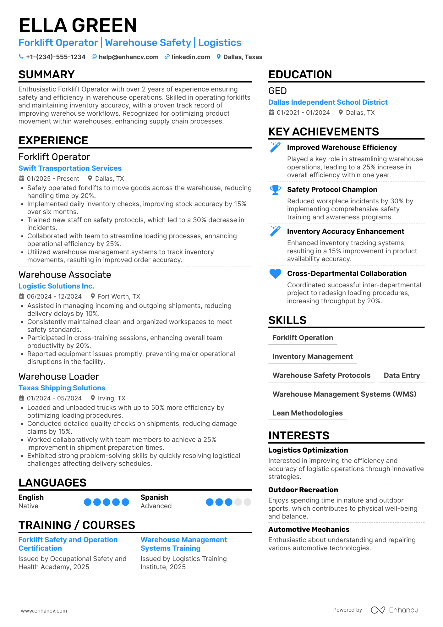A resume example of a Warehouse Forklift Operator