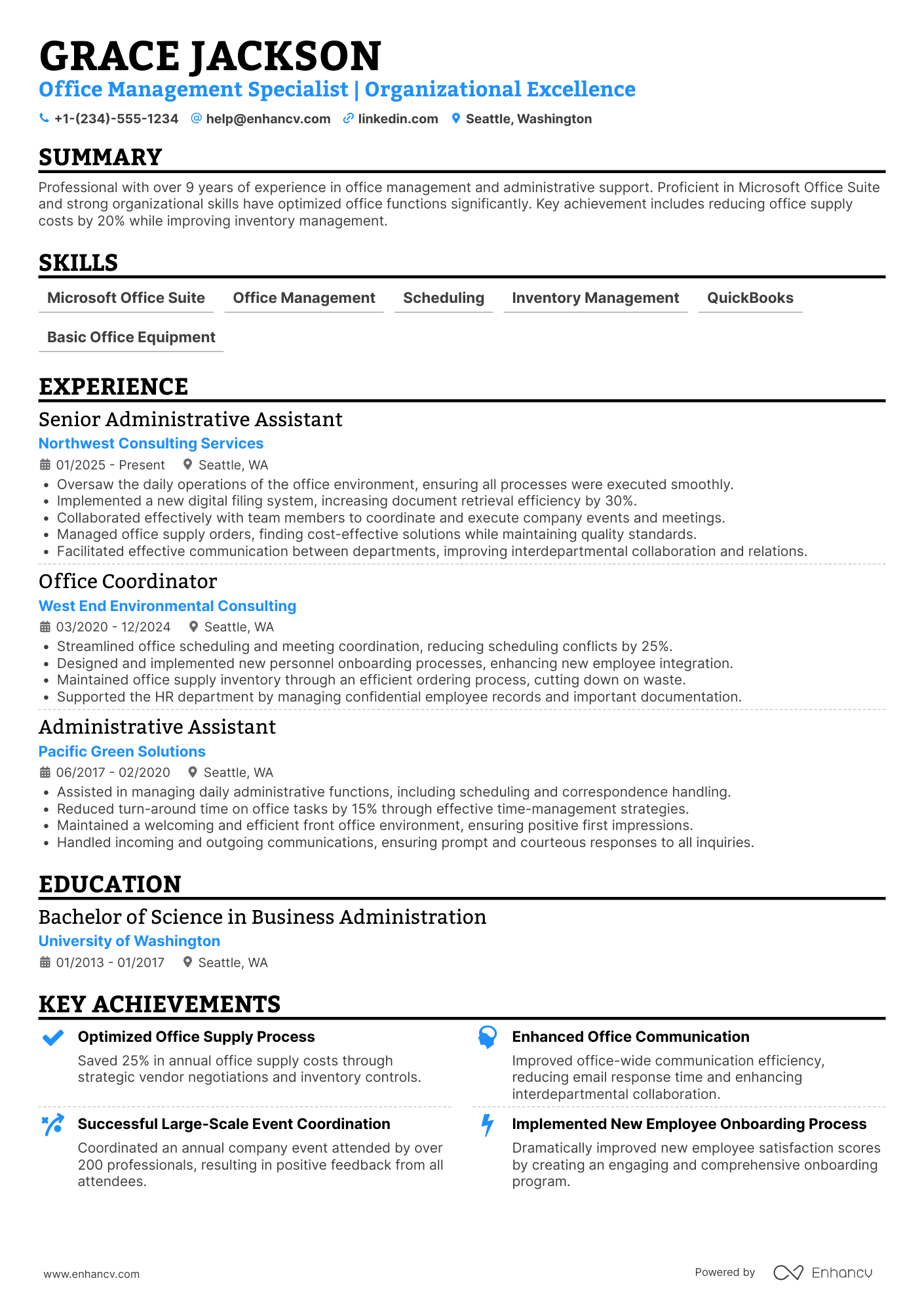 A resume example of a Office Manager Assistant