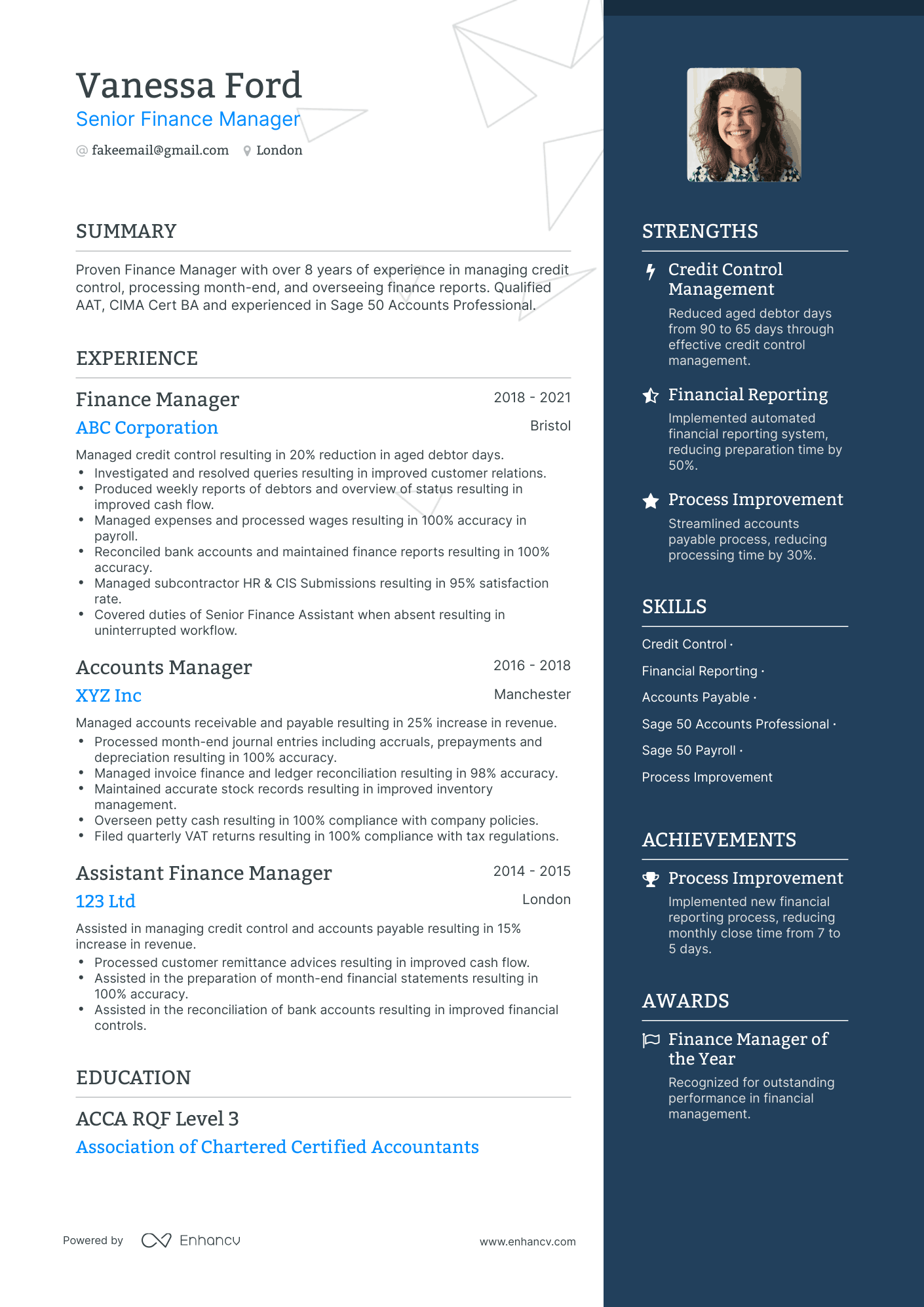 One Page Senior Finance Manager Resume Template