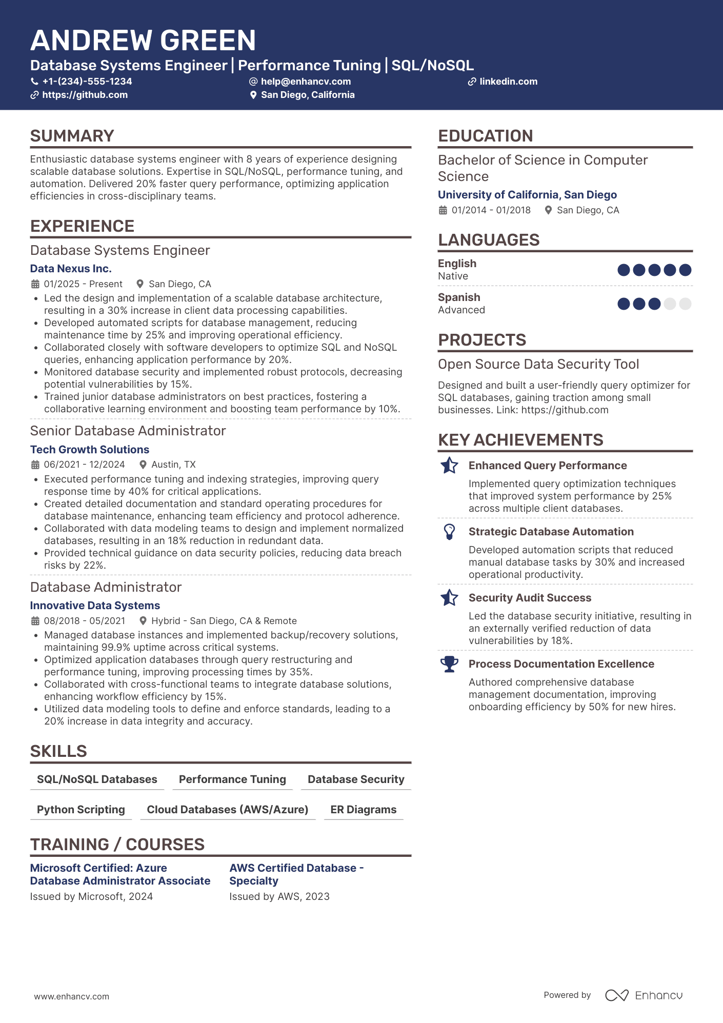 A resume example of a Database Systems Engineer