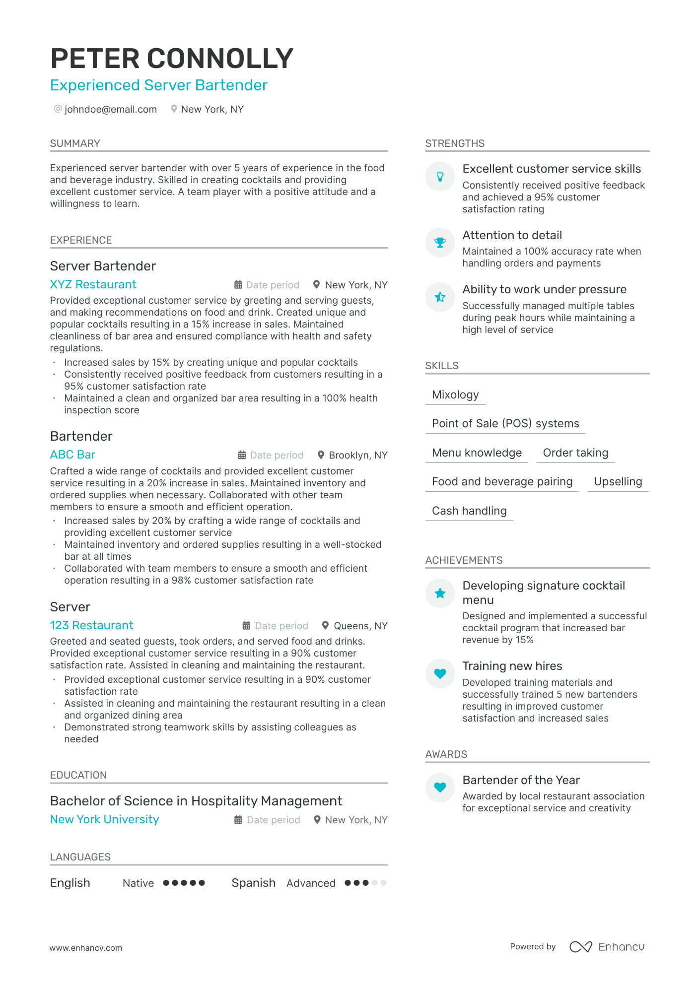 resume objective examples for bartender