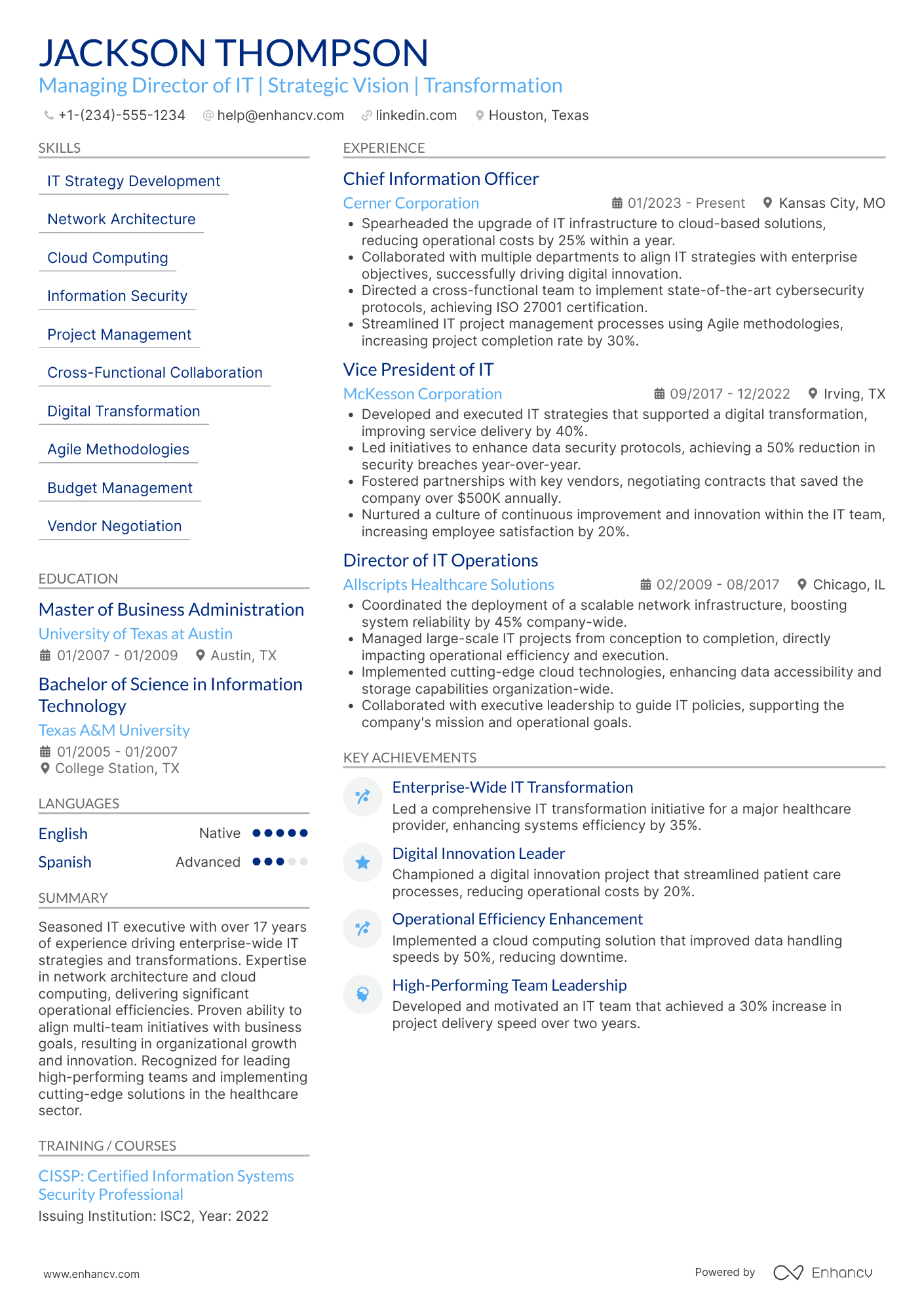 A resume example of a Managing Director of Information Technology