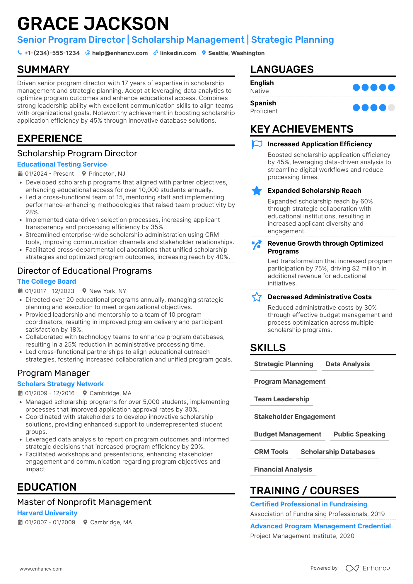 A resume example of a Senior Scholarship Program Director