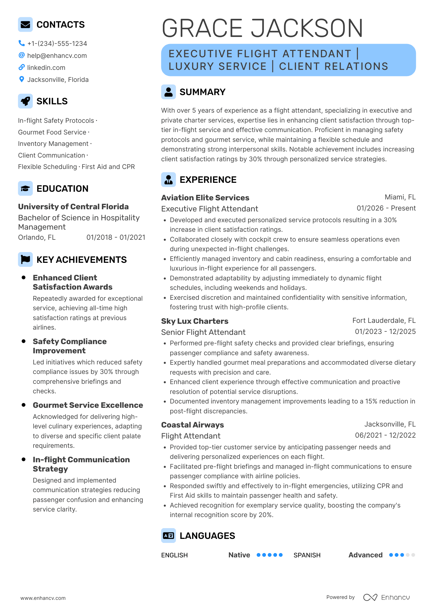 A resume example of a Executive Flight Attendant