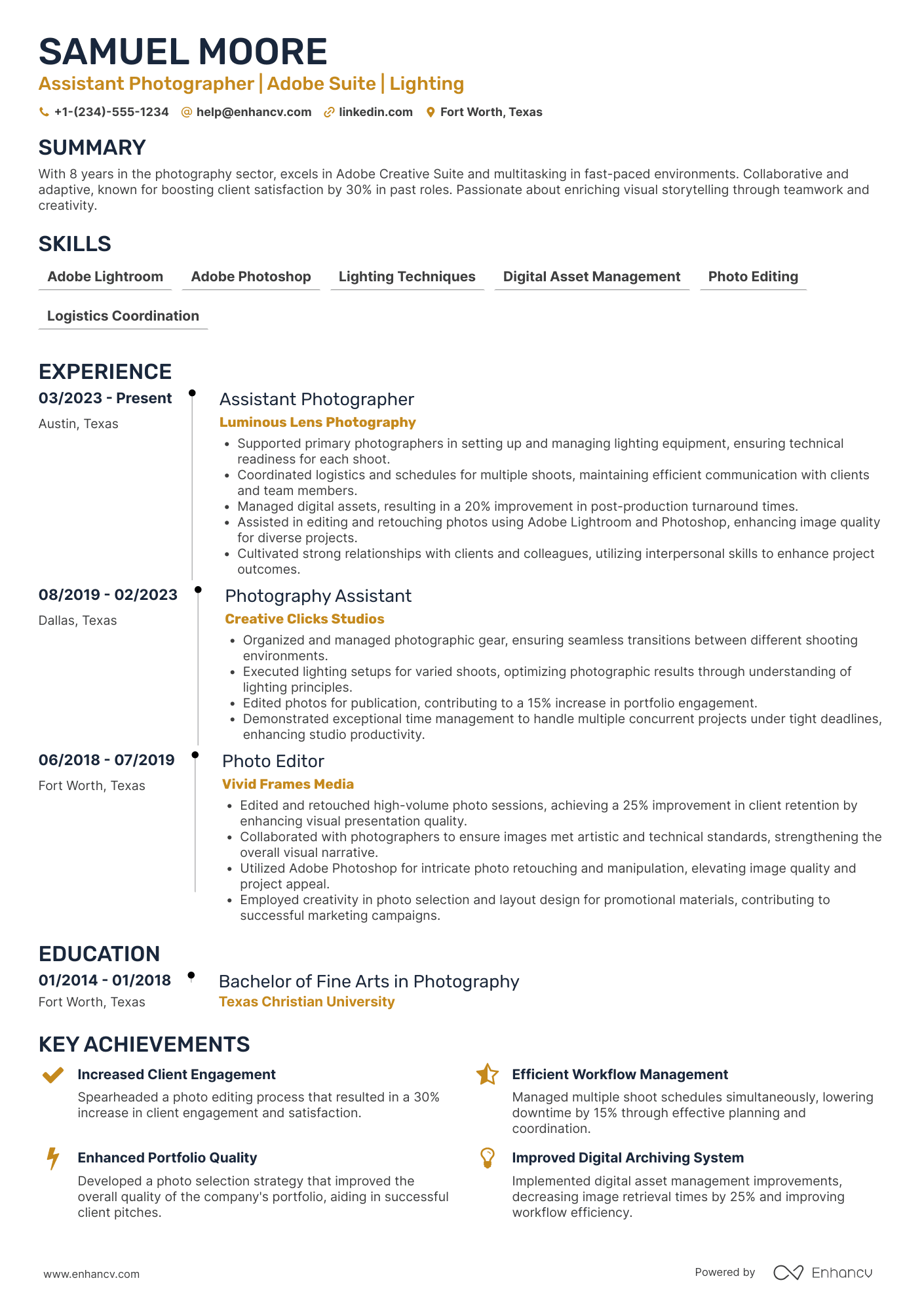 A resume example of a Assistant Photographer