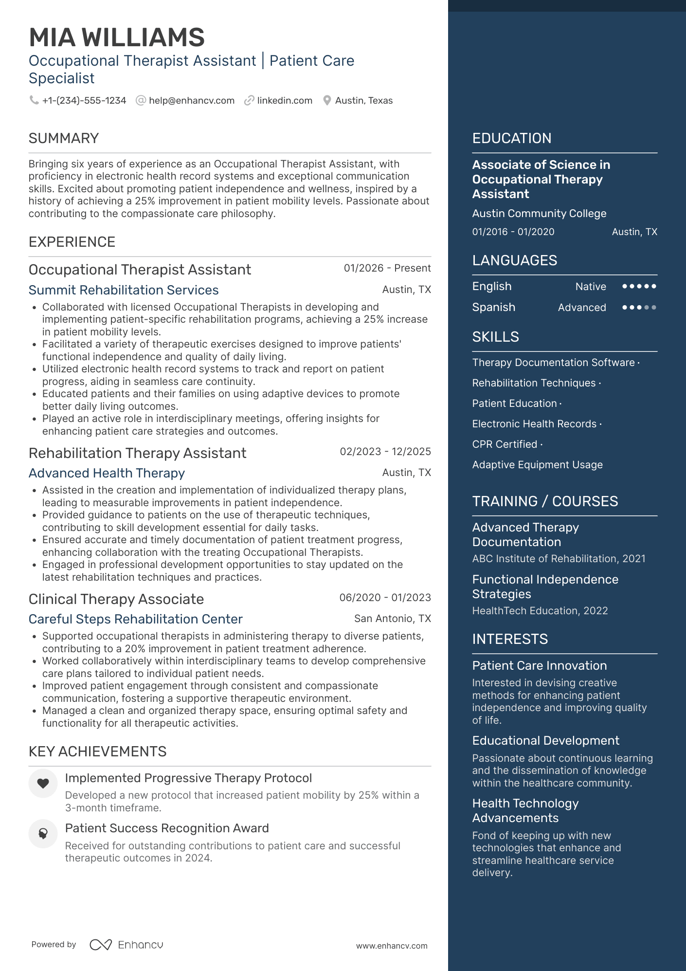 A resume example of a Occupational Therapist Assistant