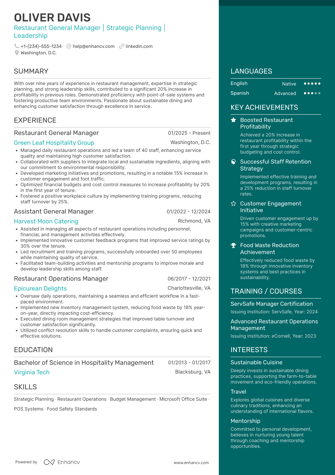 A resume example of a Restaurant General Manager