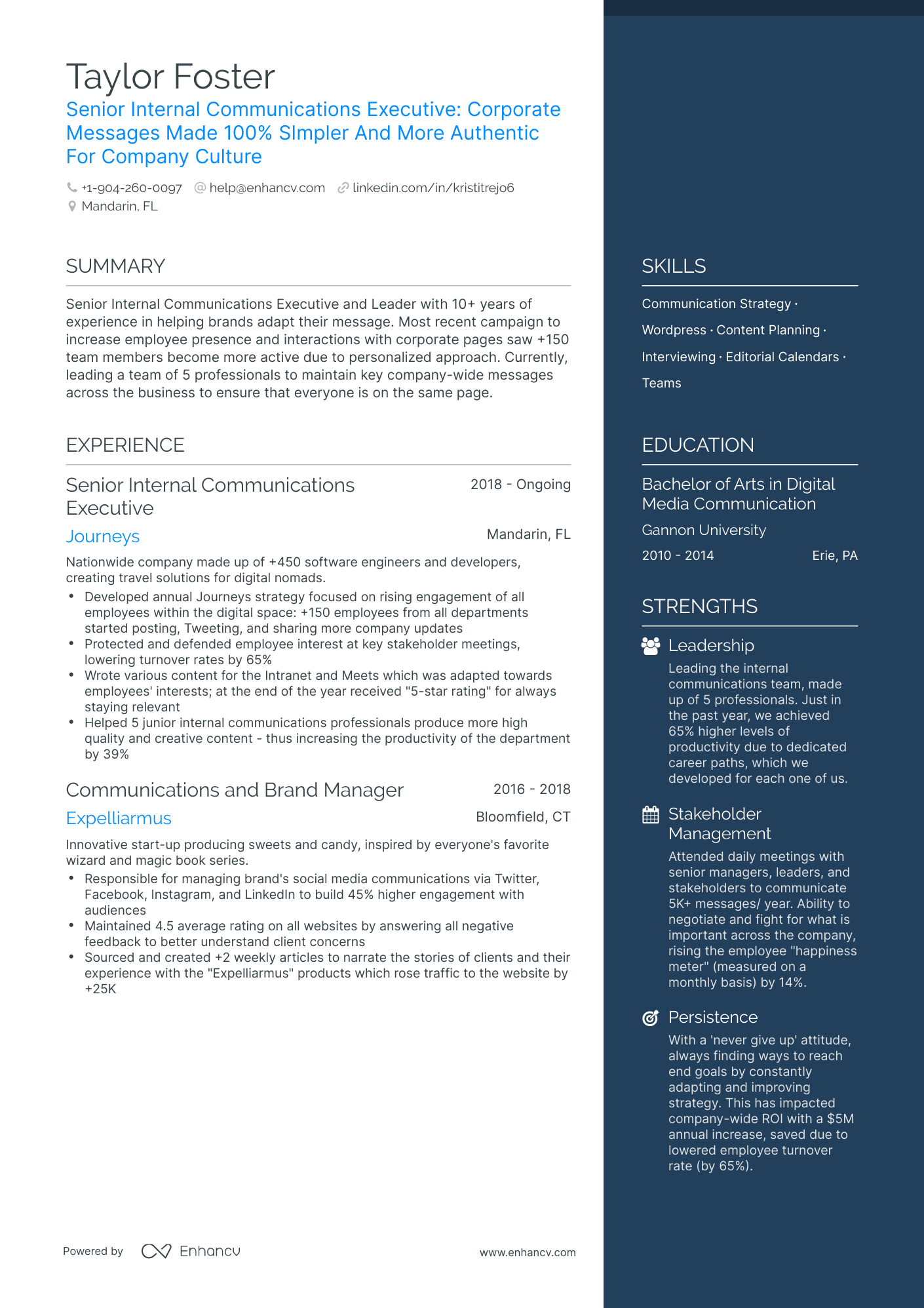 One Page Internal Communications Resume Template