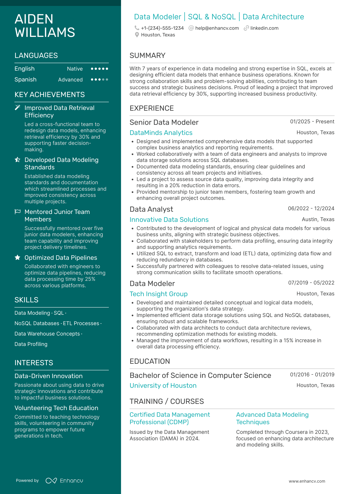 A resume example of a Data Modeler